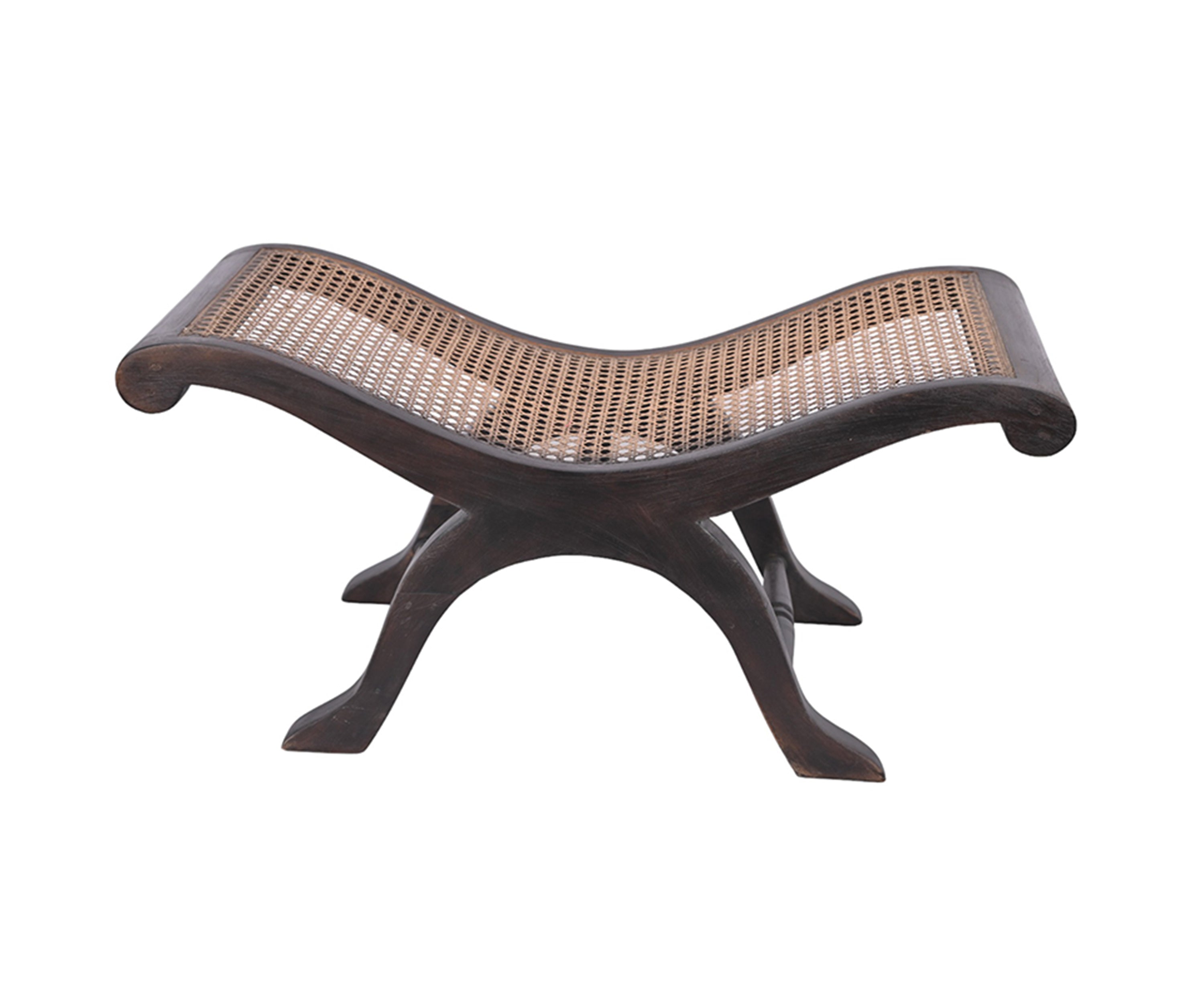 Woven Rattan & Wood Curved Lounge Stool