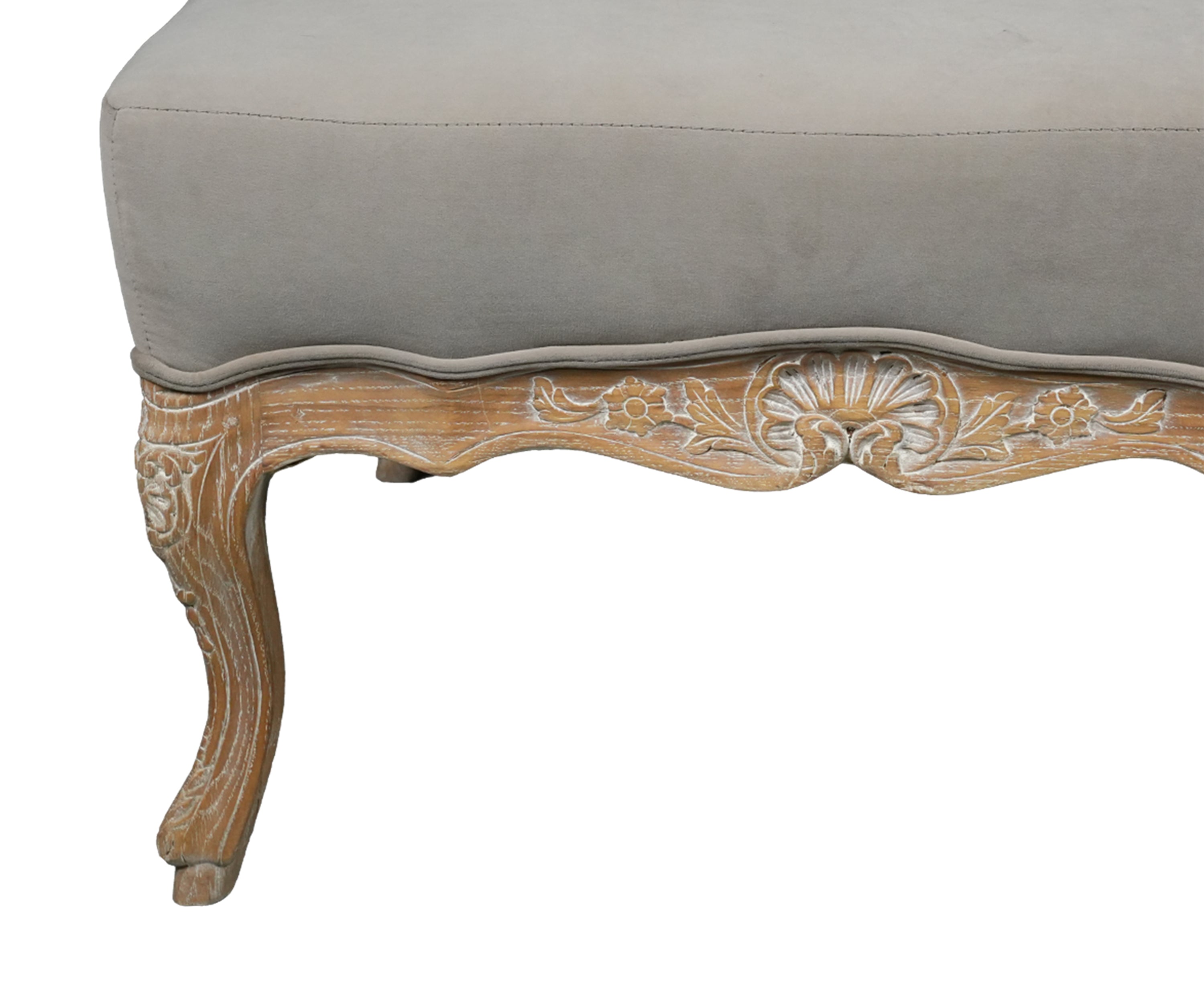 Grey Linen French Provincial Carved Ottoman
