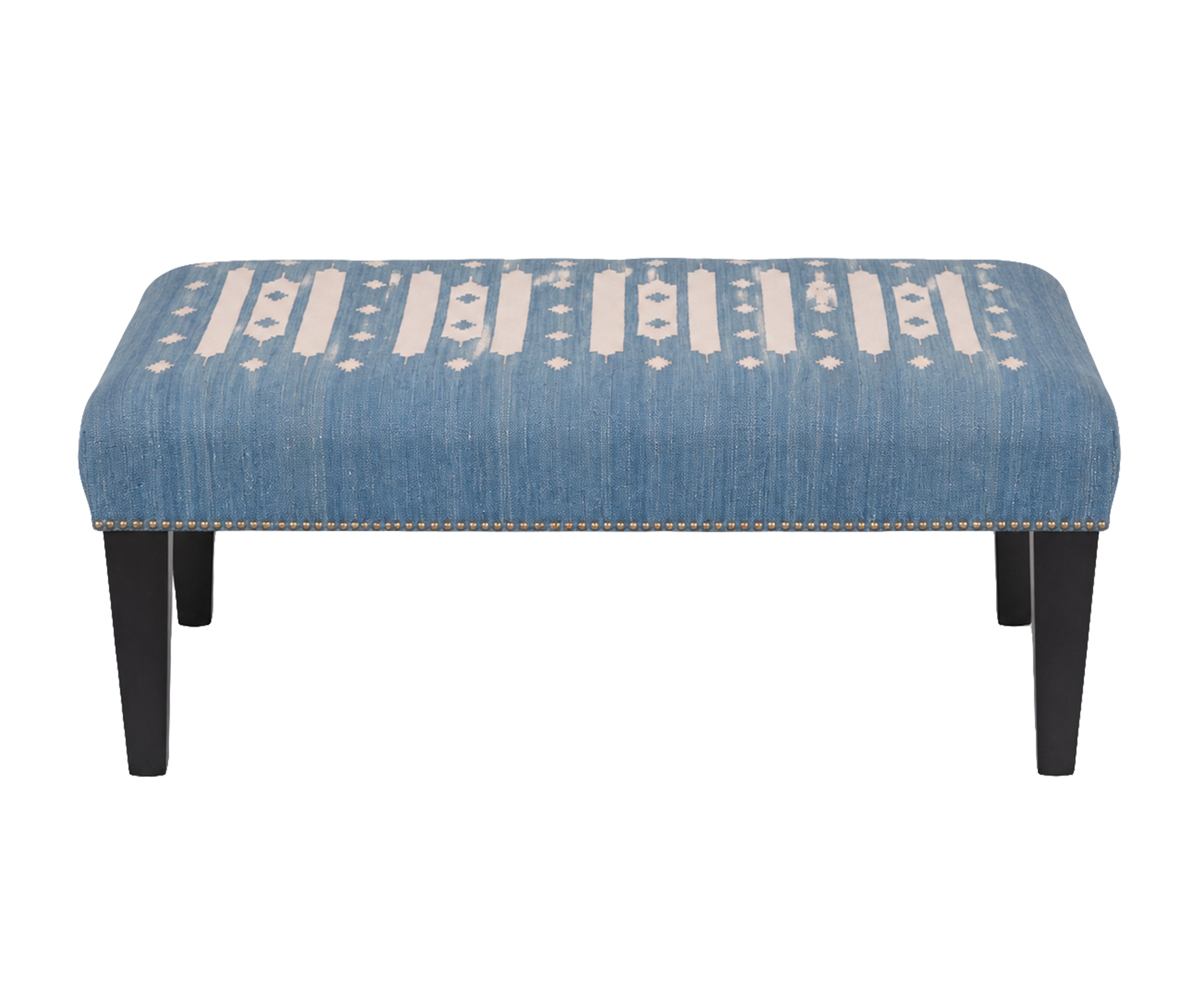 Blue Cotton Woven Durrie Ottoman with Metal Stud Detailing