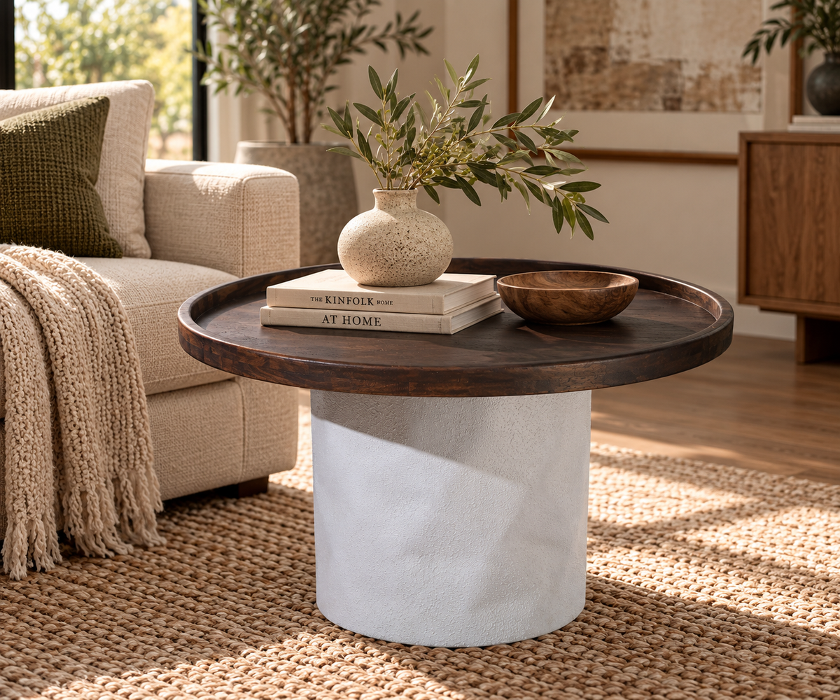 Asymmetrical Rounded Tray-Top Coffee Table with White Pedestal