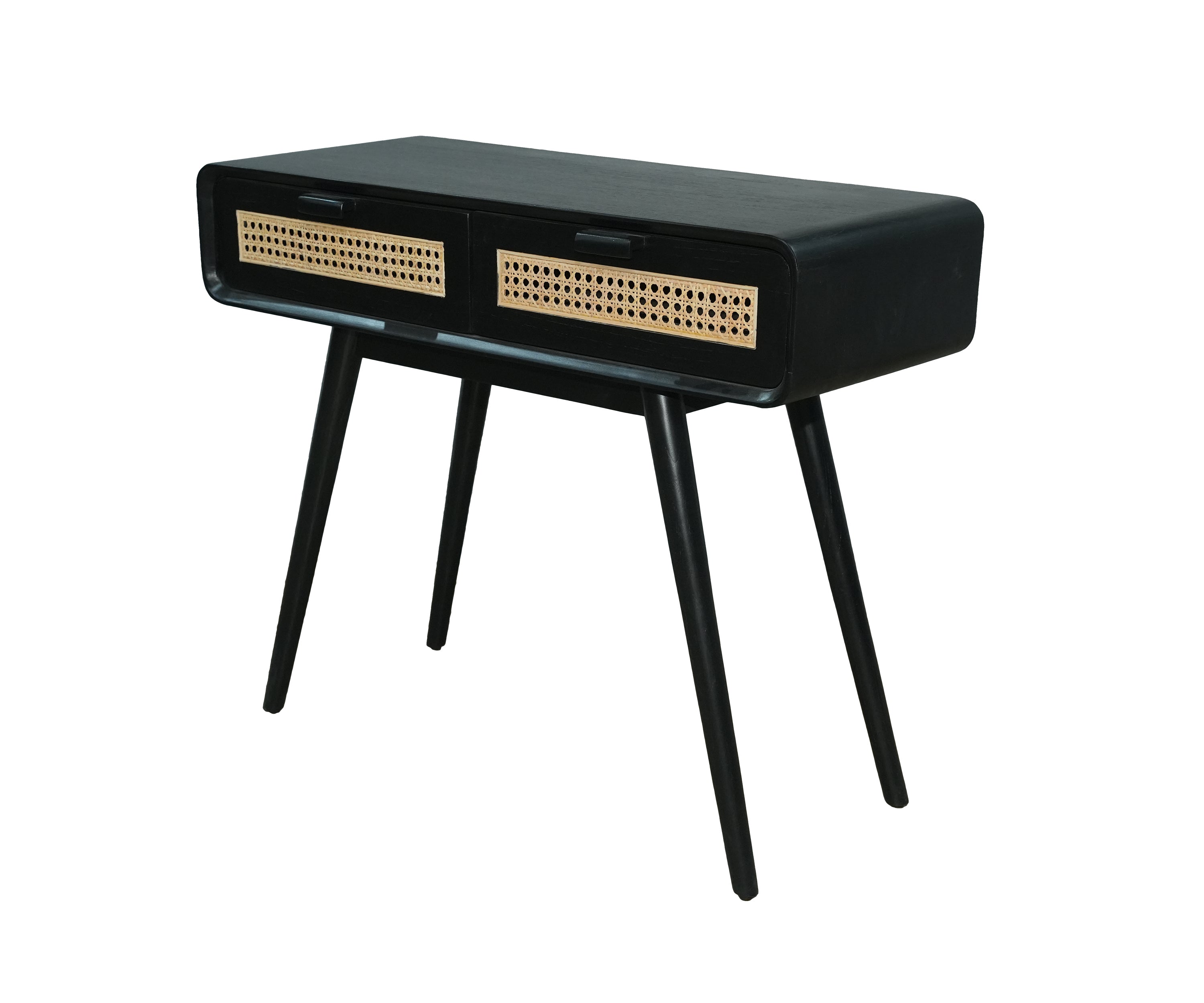Black Wood Console Table with Cane Drawer Fronts