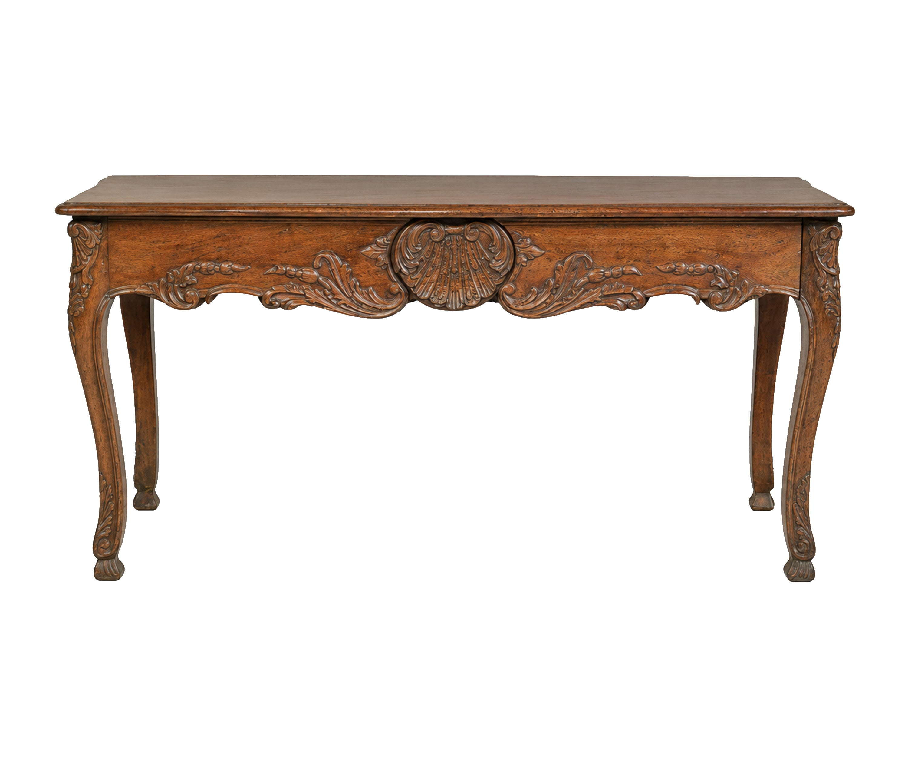 French Style Carved Wooden Study Table with Central Shell Motif