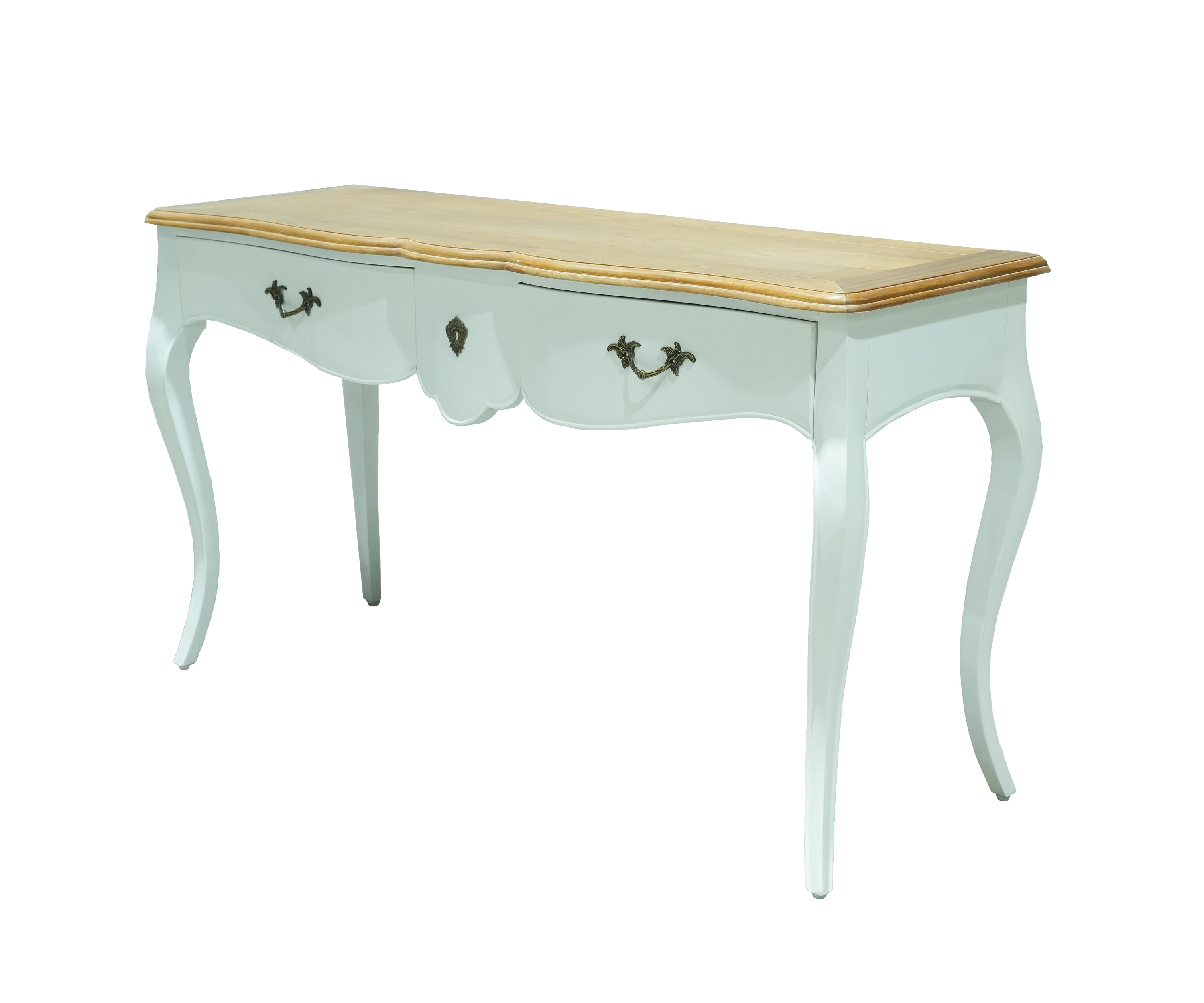 French Style White Console Table with Natural Wood Top