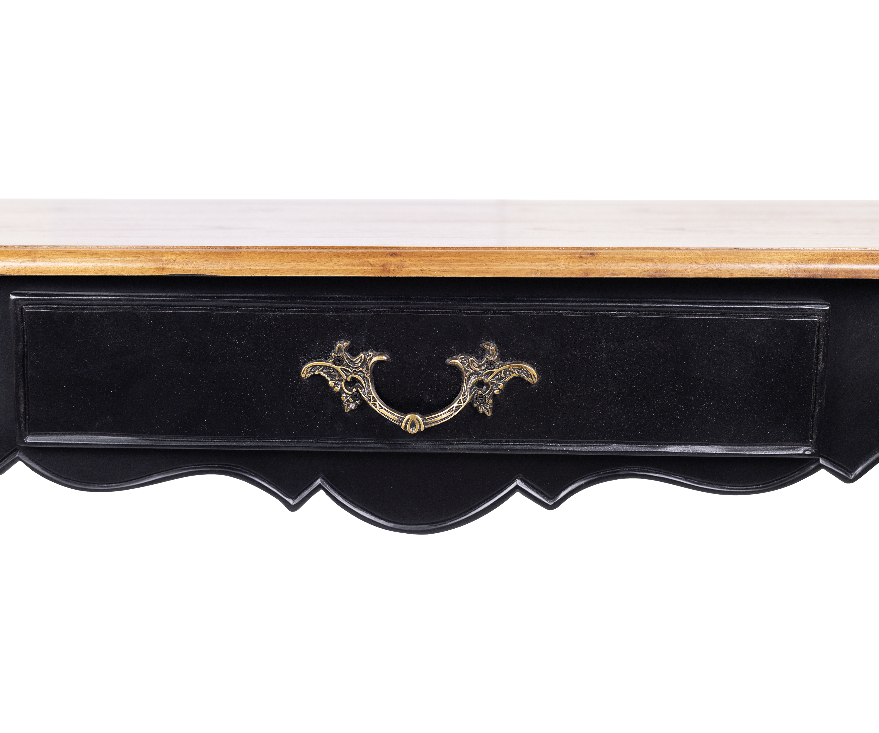 French Country Black Console Table with Natural Wood Top