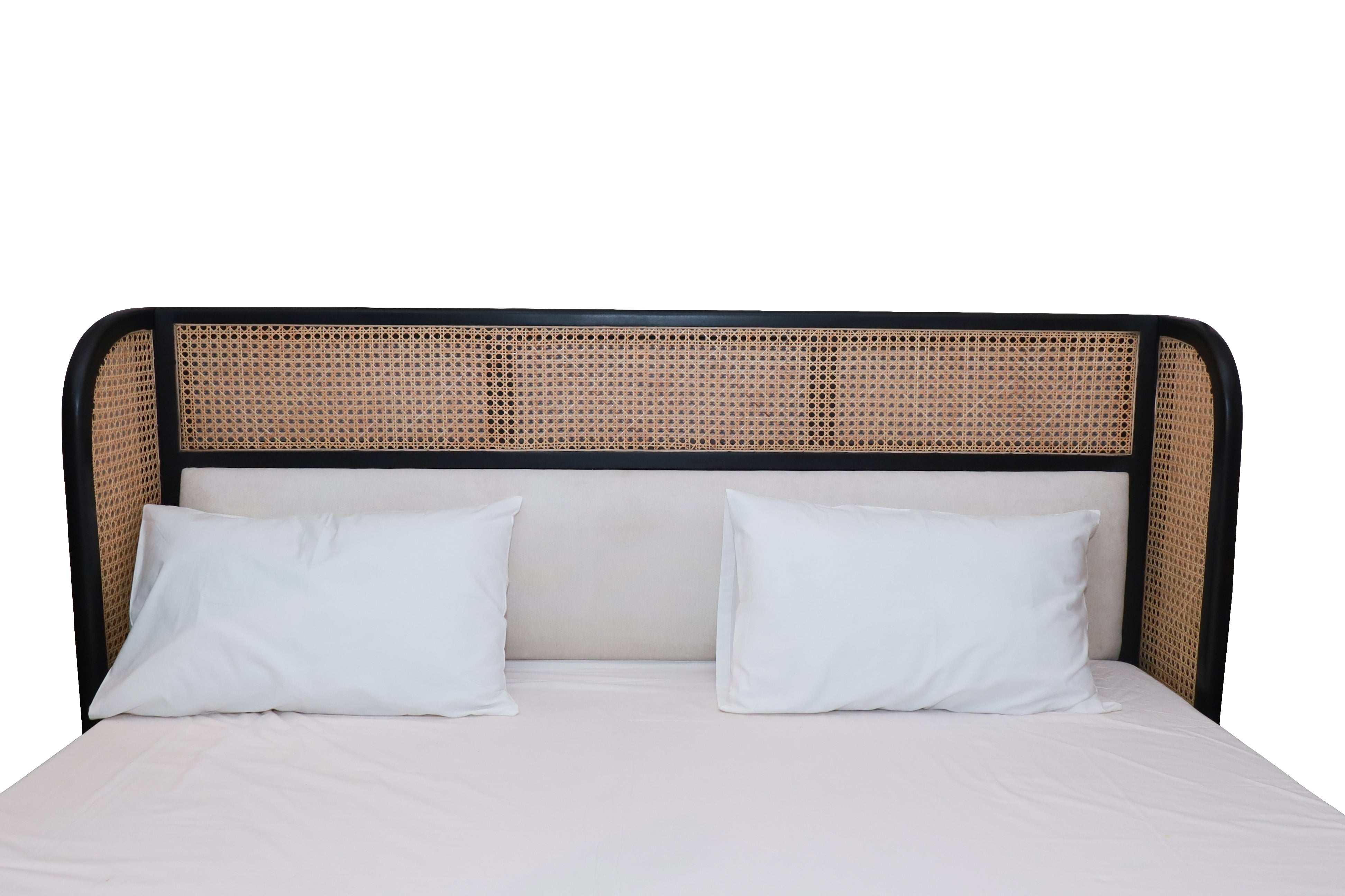 Modern Black Wooden Platform Bed with Rattan Cane Headboard