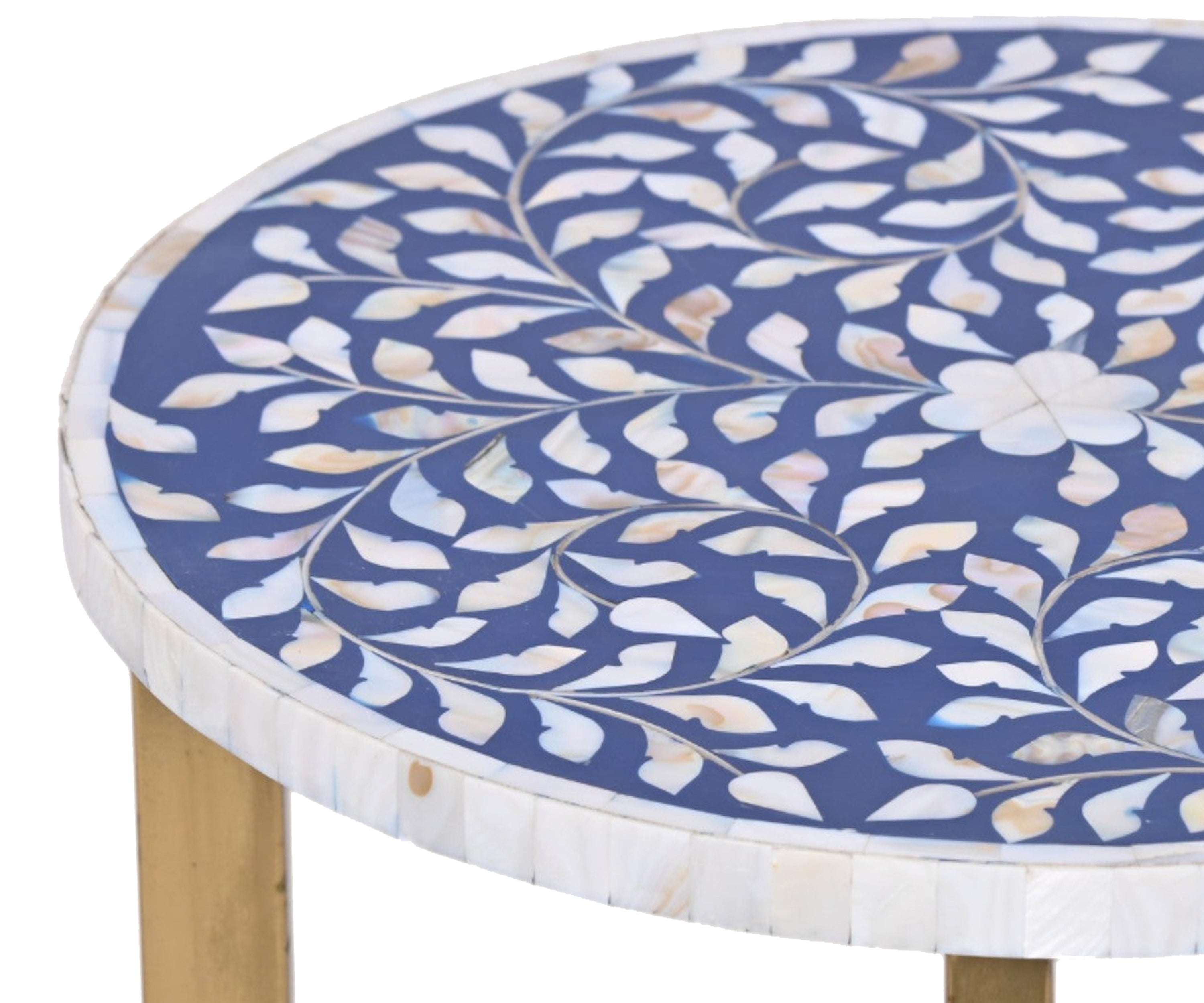 Round Mother of Pearl Inlay Side Table with Wooden Cross Base