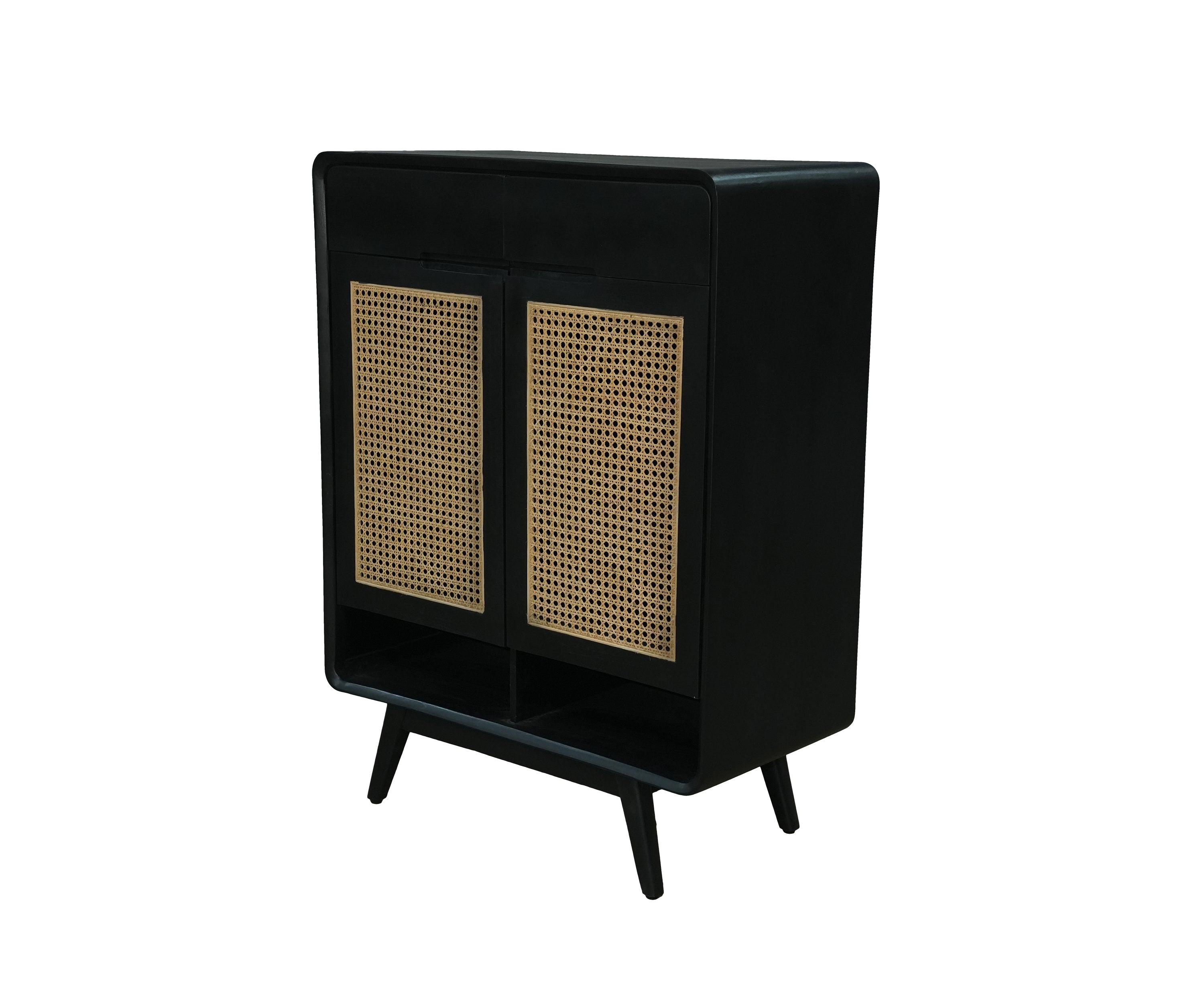 Black Wood and Cane Double Door Cabinet