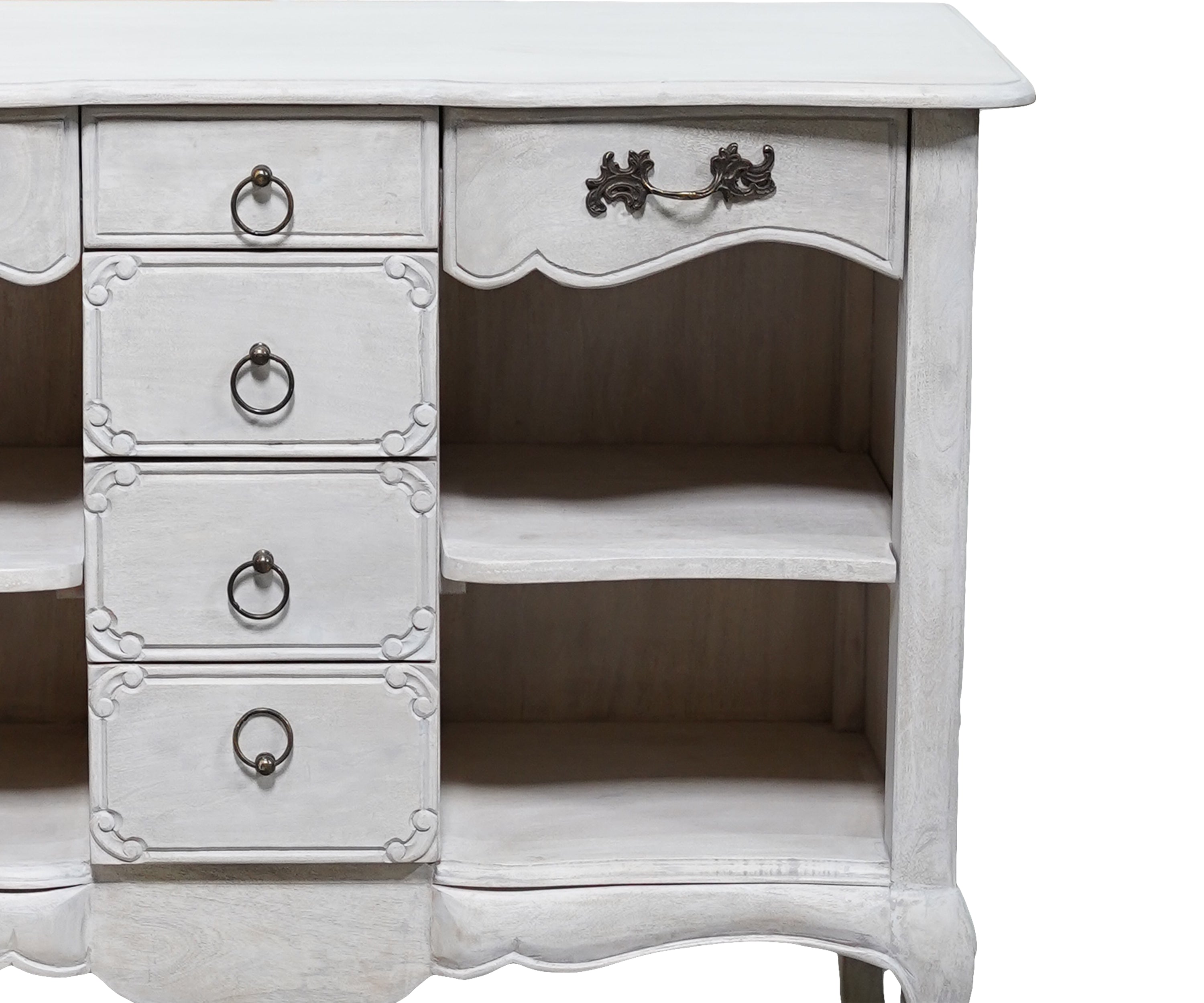 French Style Distressed White Chest of Drawers with Open Shelves