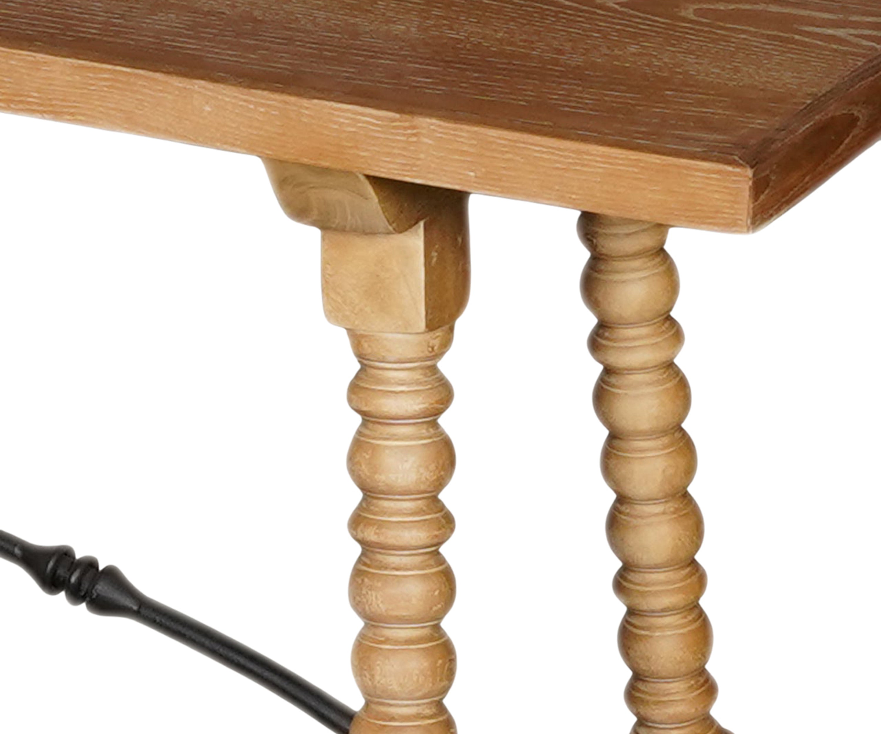 Oak Finish Wooden Console Table with Turned Legs and Iron Stretcher