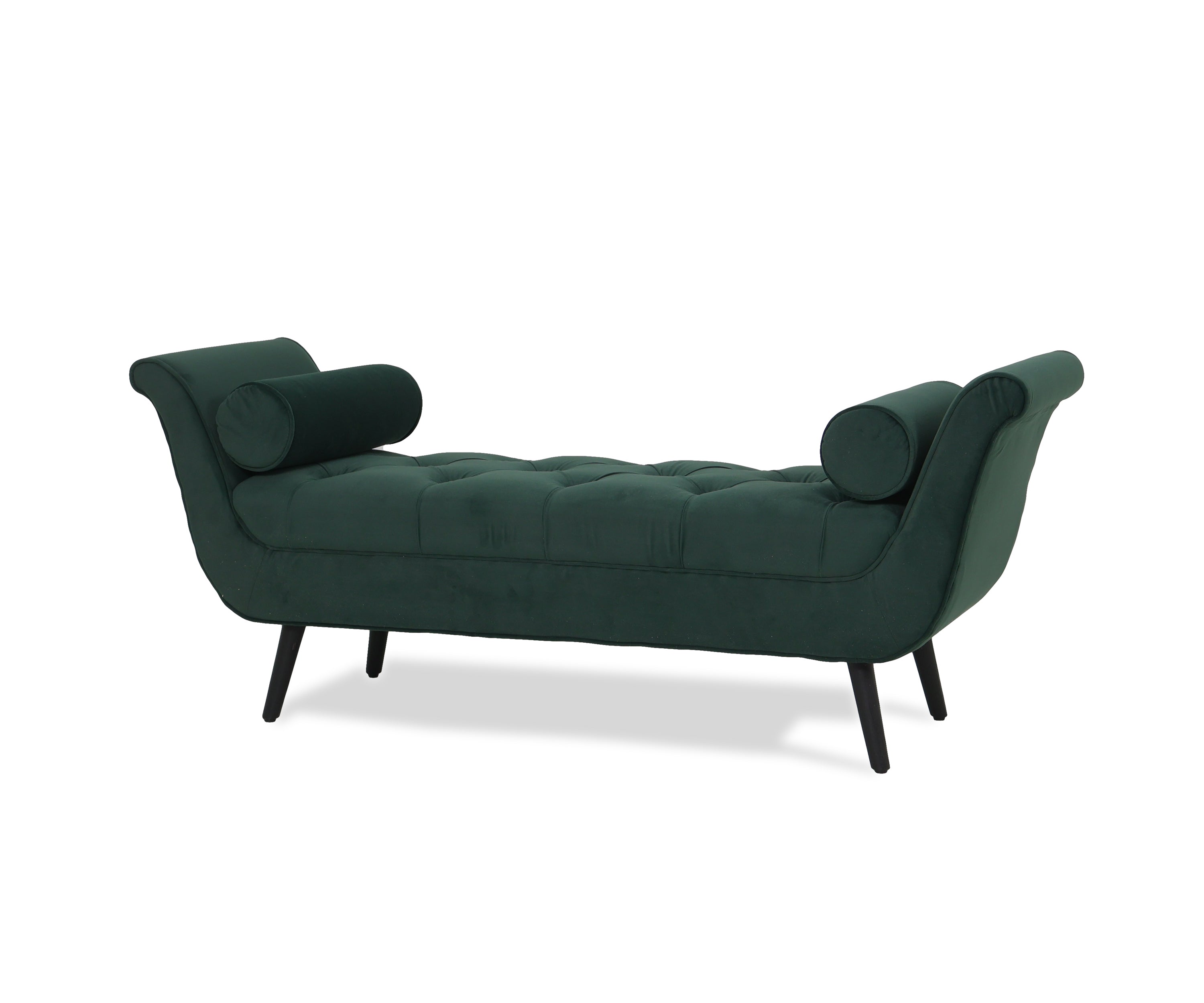 Emerald Green Velvet Tufted Bench with Scroll Arms & Bolster Cushions