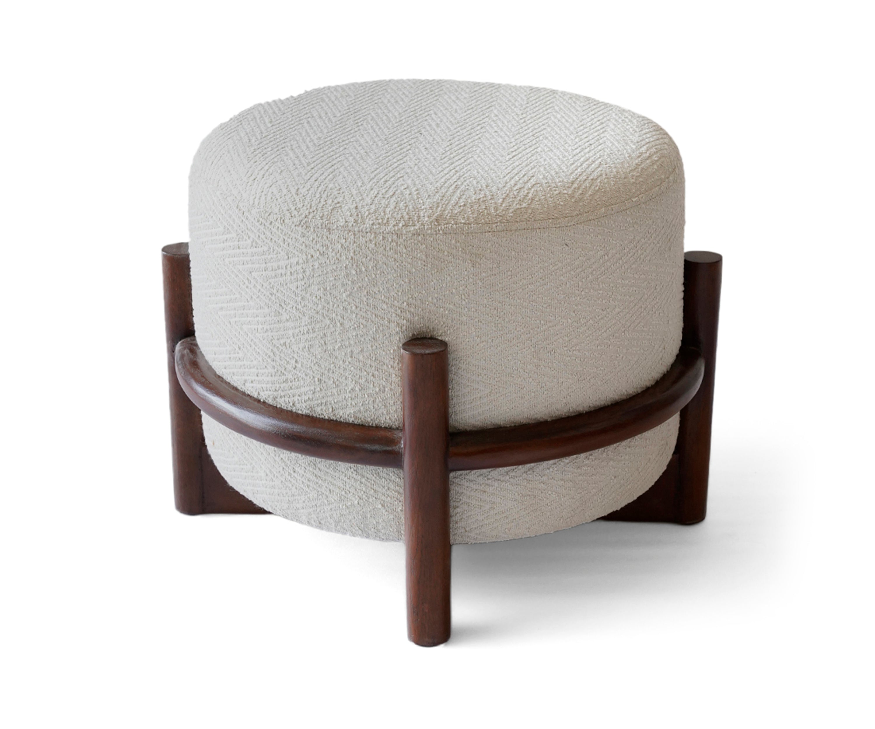 Cream Bouclé Round Ottoman with Teak Wood Base