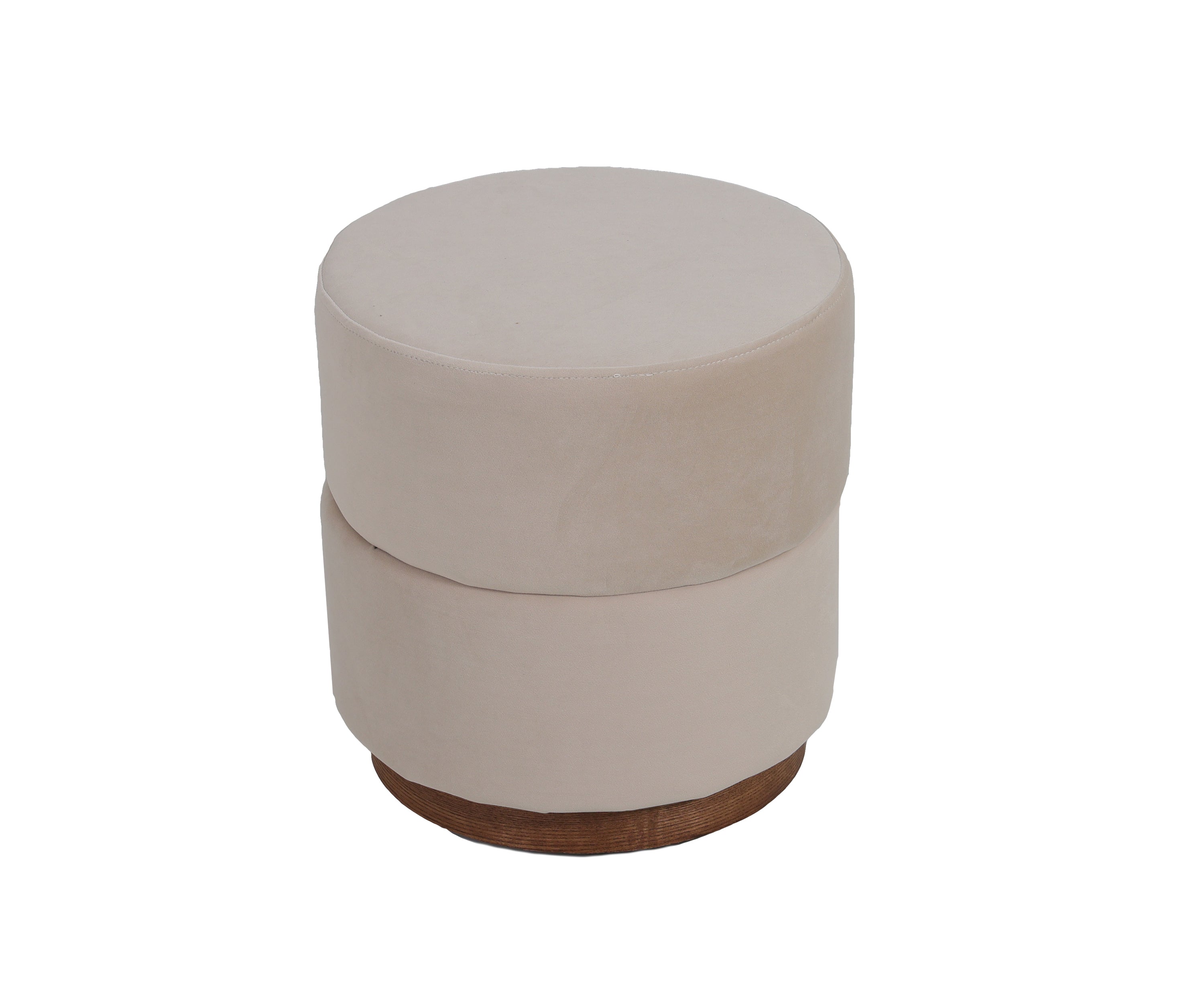 Round Tiered Ottoman Stool in Cream Velvet with Wooden Base
