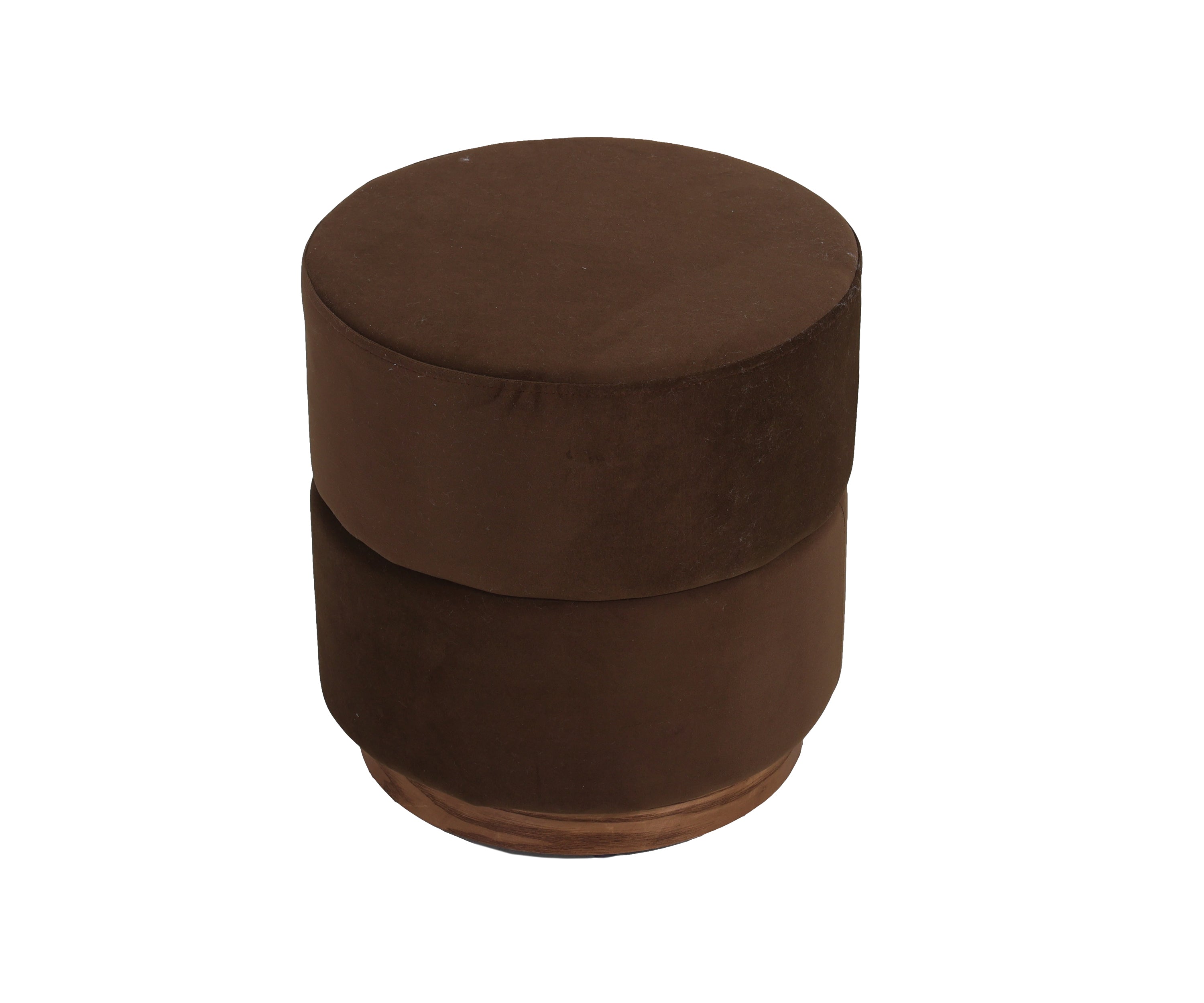 Round Tiered Ottoman Stool in Dark Brown Velvet with Wooden Base