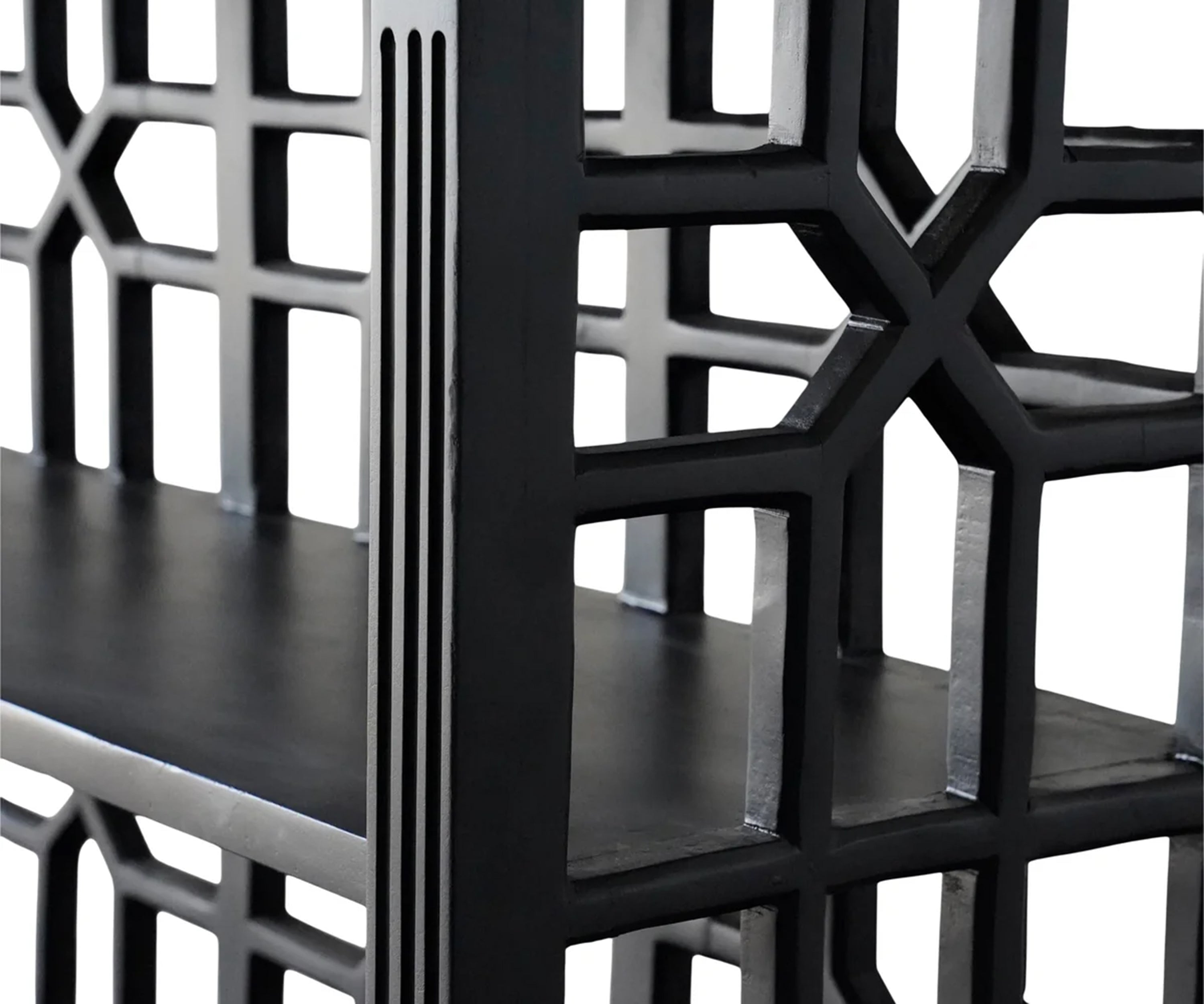 Black Wooden Display Bookshelf with Geometric Lattice Sides