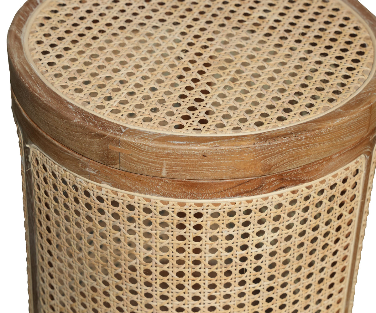 Natural Teak and Cane Round Side Table with Storage