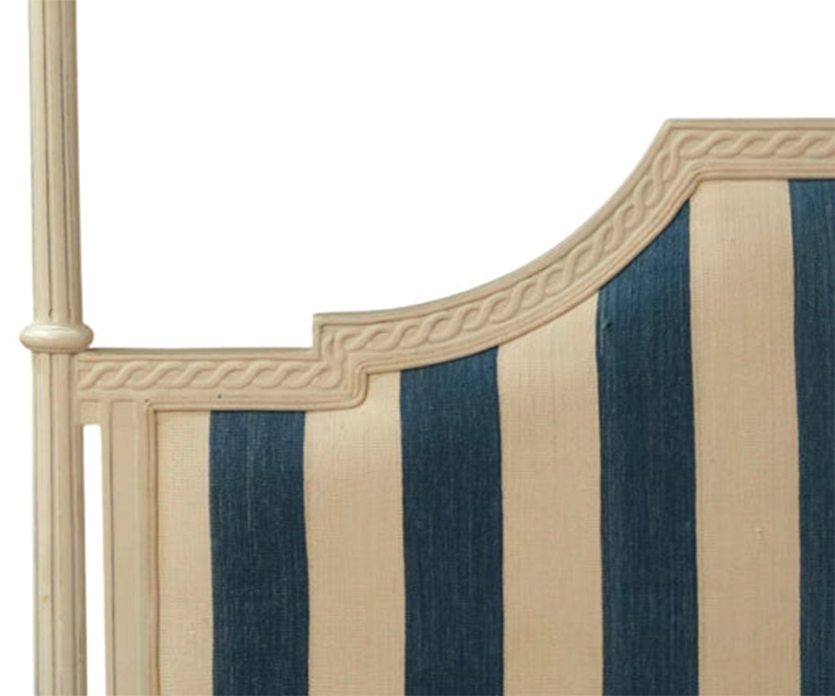 Four Poster Bed with Striped Upholstered Headboard