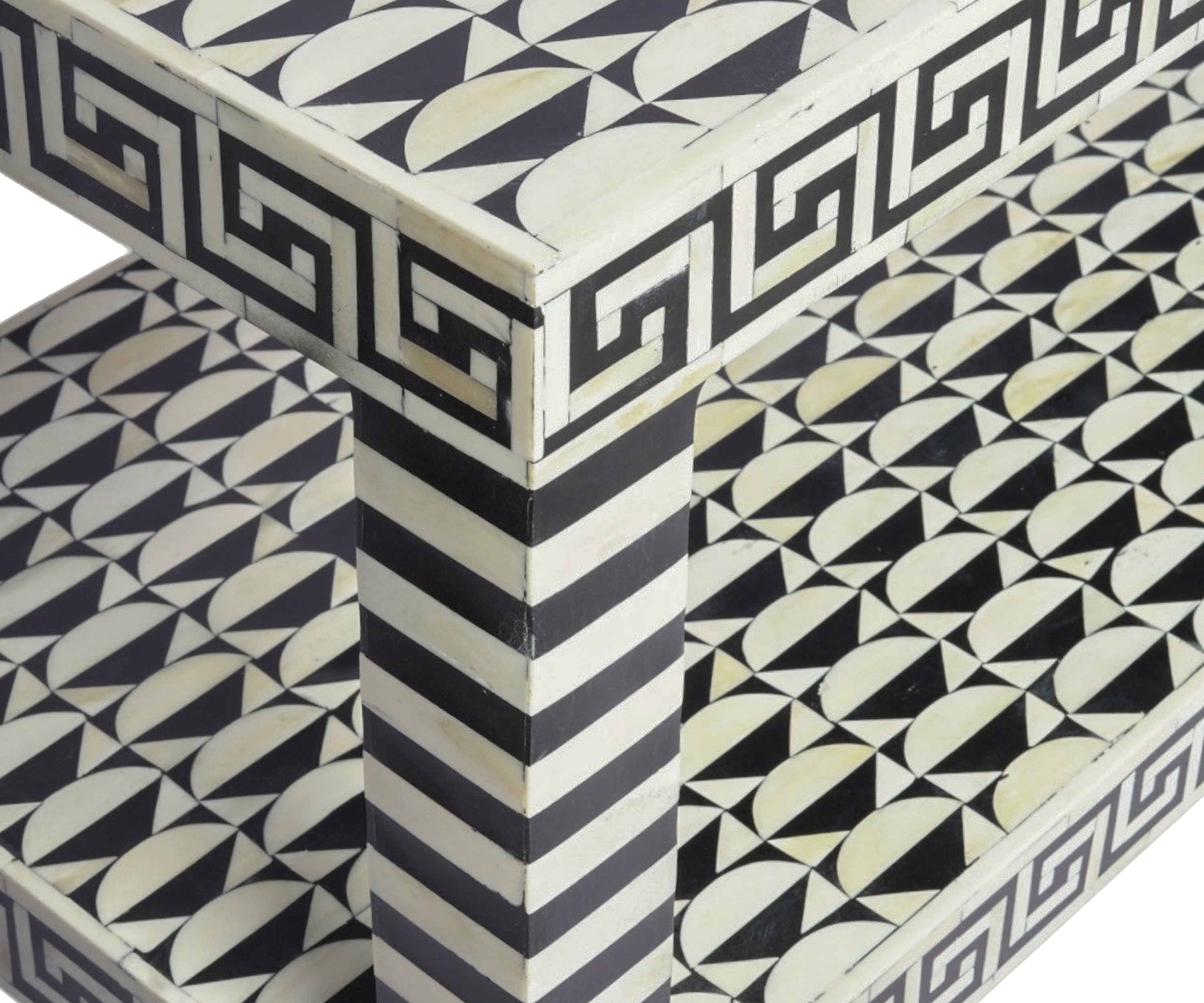 Black and White Bone Inlay Console Table with Greek Key Border