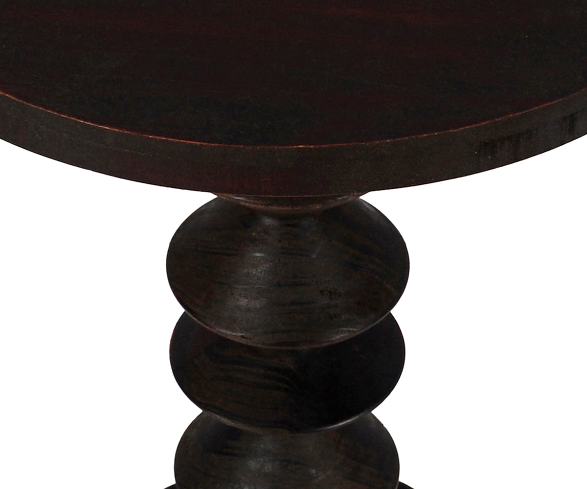 Round Dark Wood Side Table with Stacked Geometric Pedestal