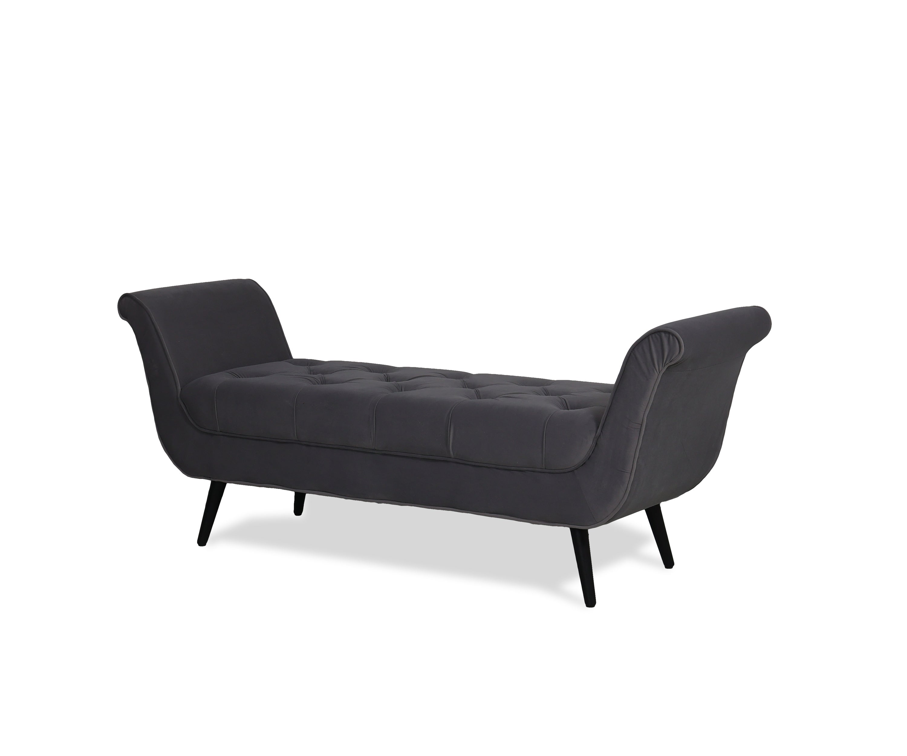 Charcoal Grey Velvet Tufted Bench with Scroll Arms