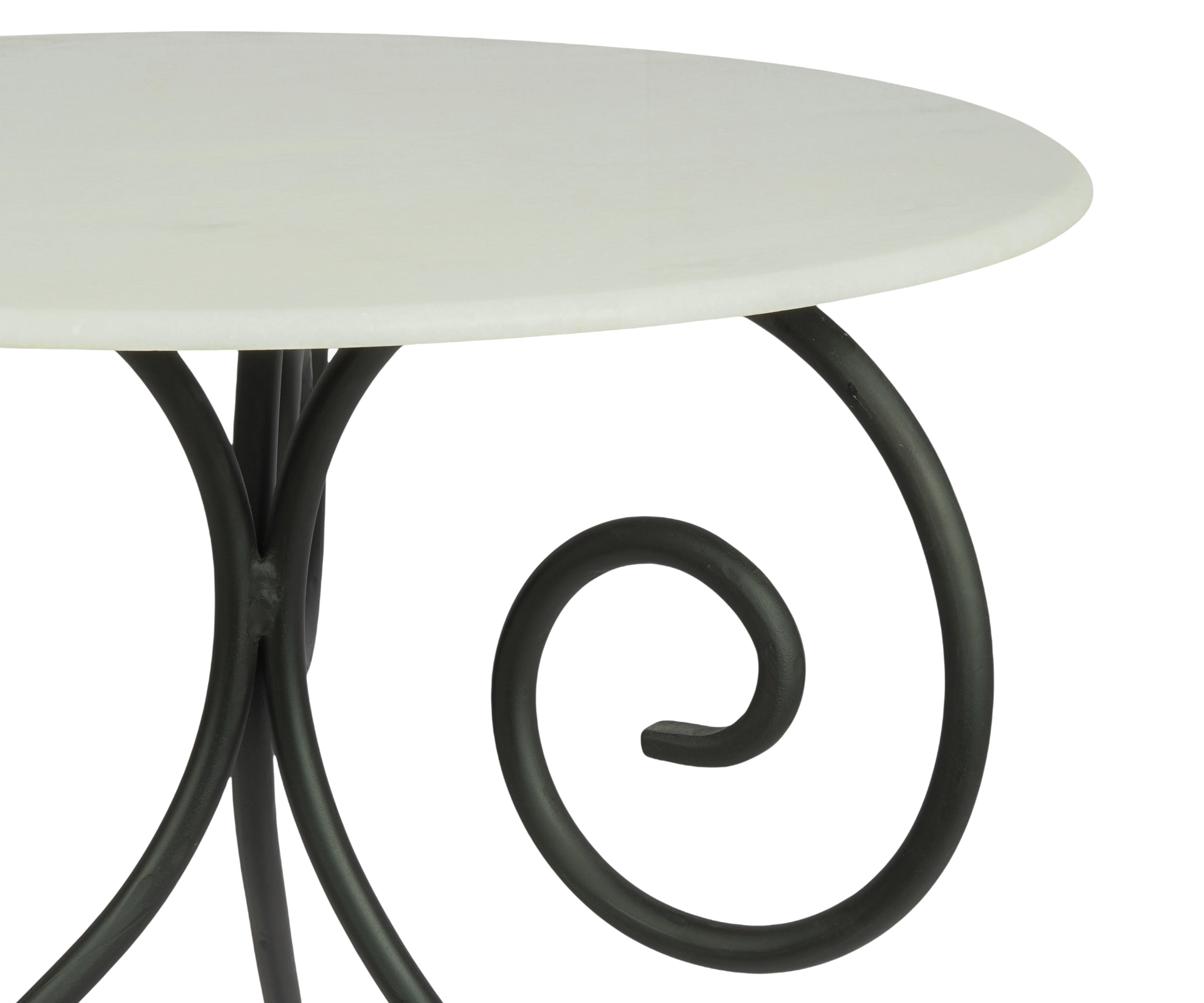 Round White Marble Top Side Table with Scroll Metal Base