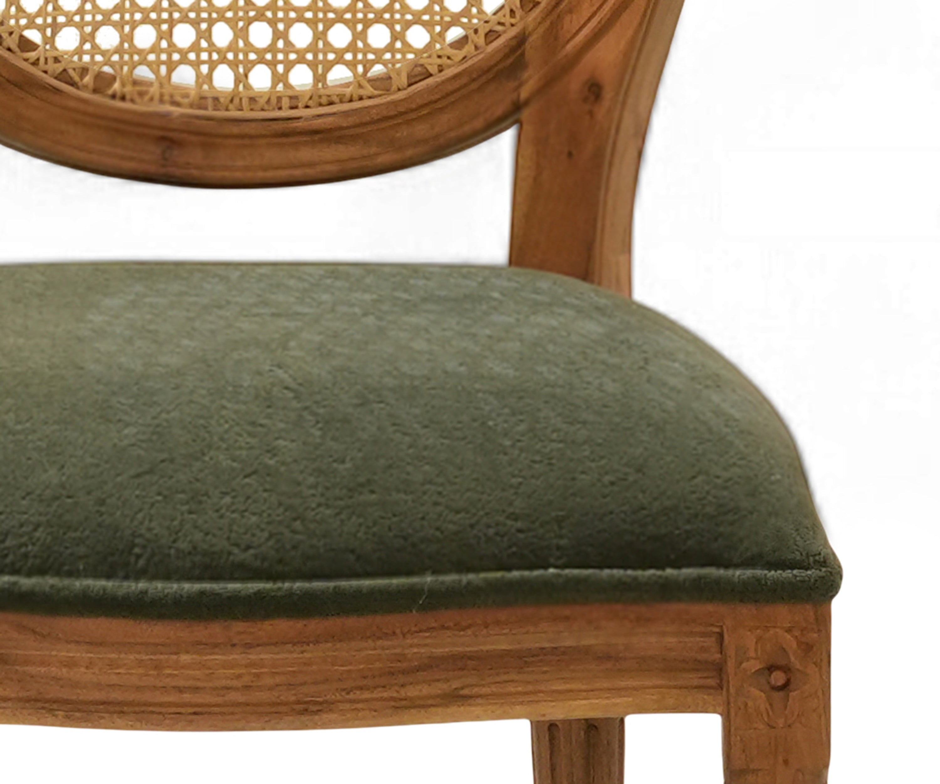Natural Wood Oval Cane Back Dining Chair with Olive Upholstered Seat