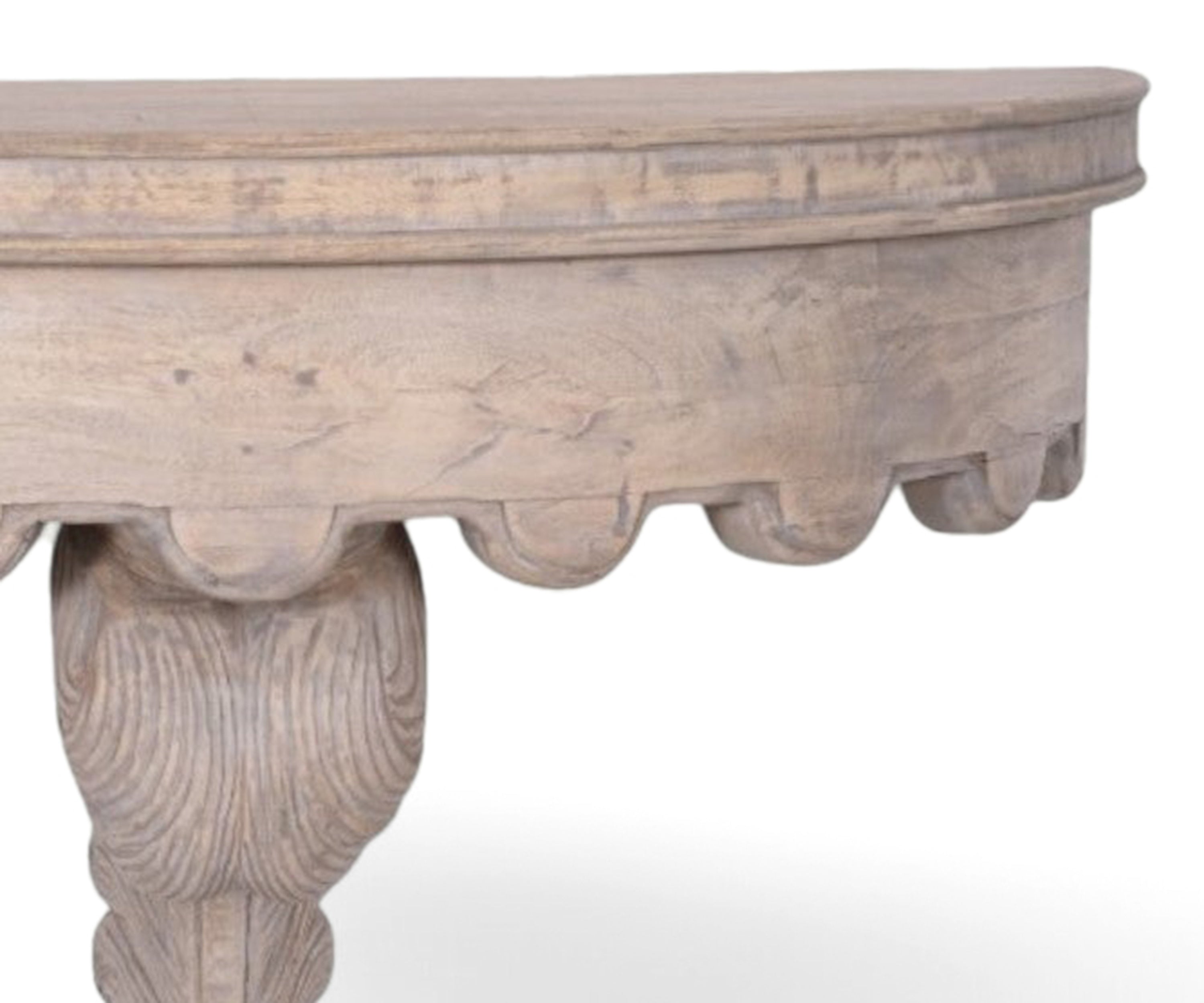 Distressed White Solid Wood Wall Console Table with Carved Pedestal Base