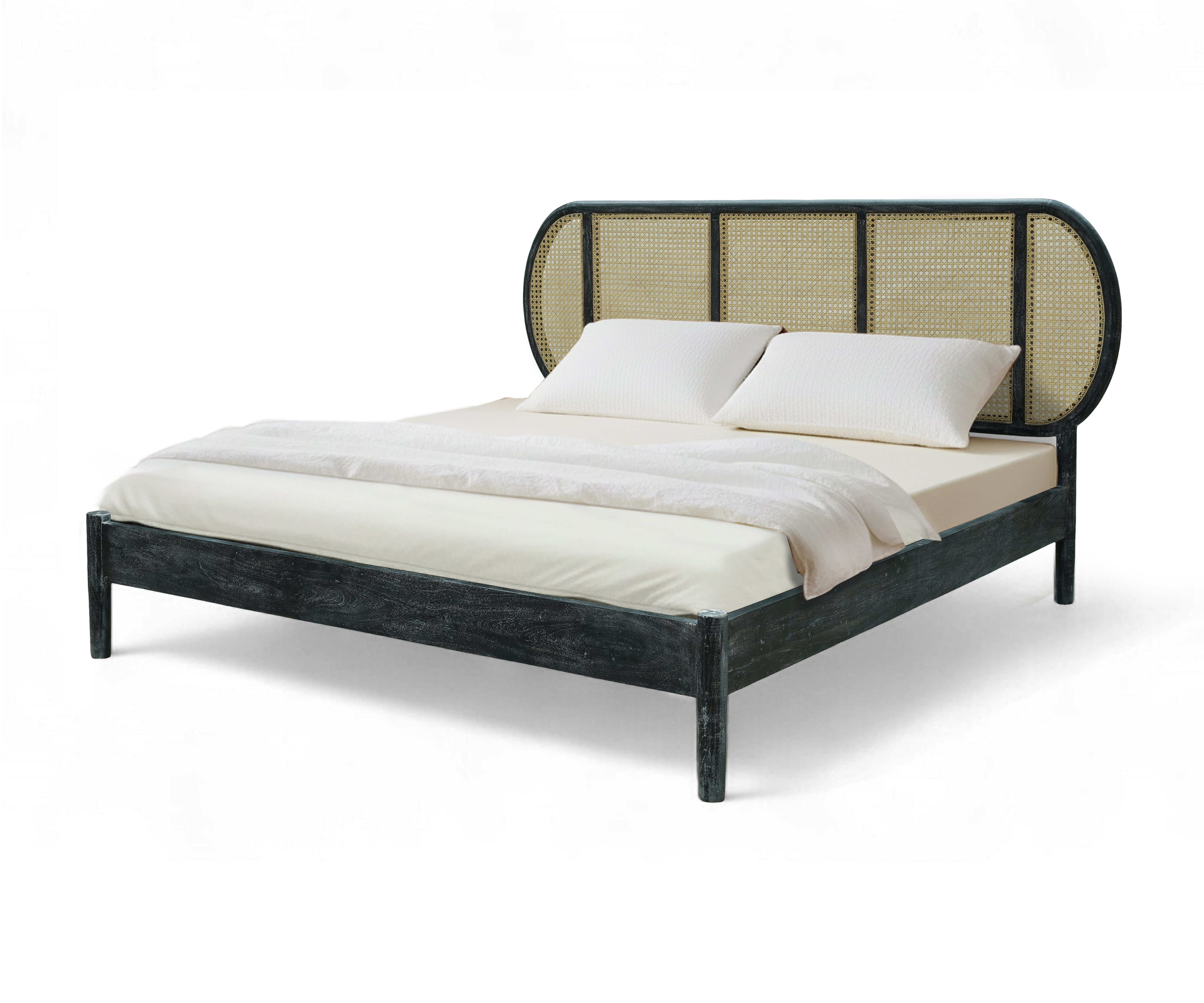 Modern Acacia Wood Cane Bed with Curved Headboard - Black