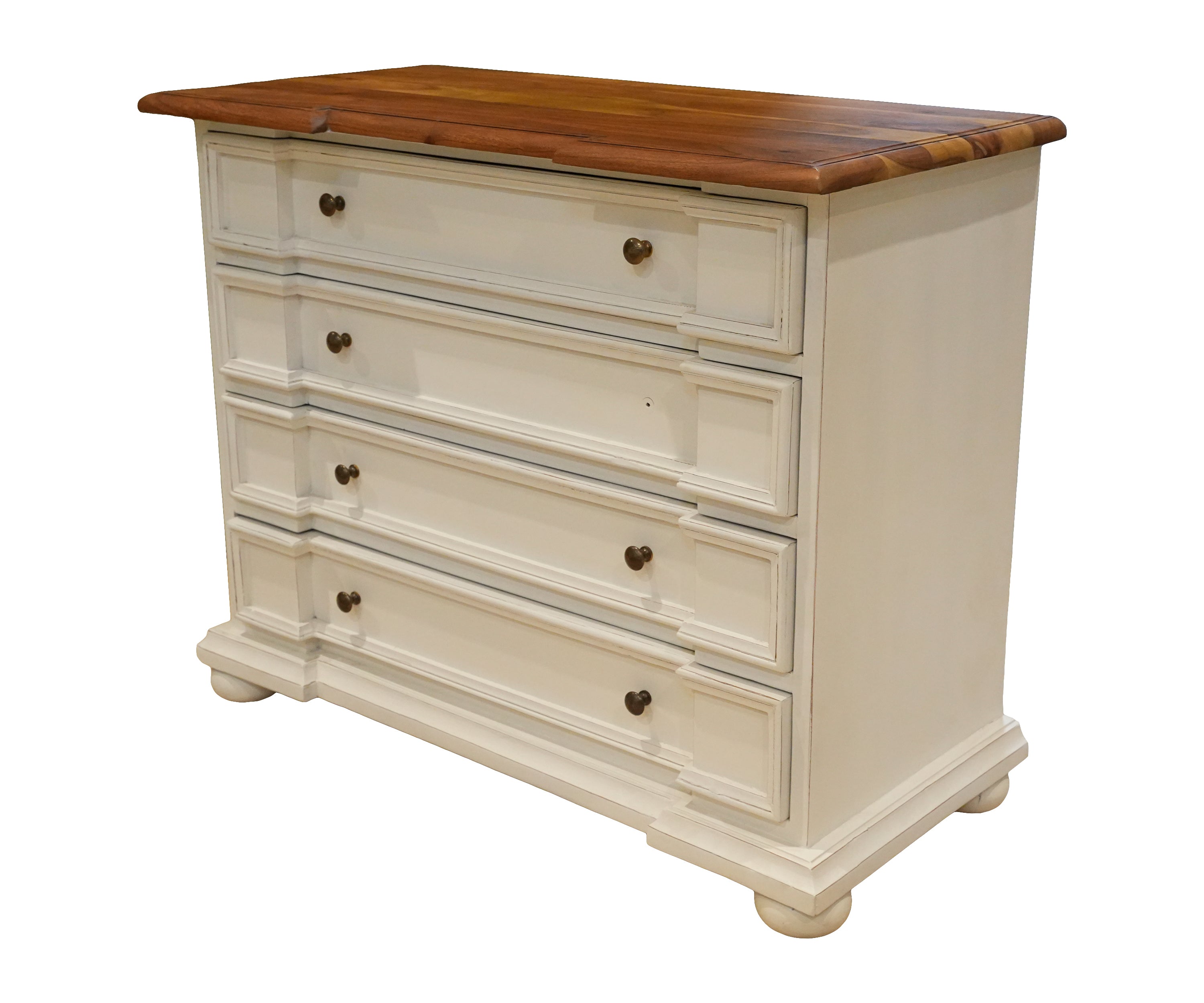 Classic 4-Drawer White Wood Chest with Wooden Top