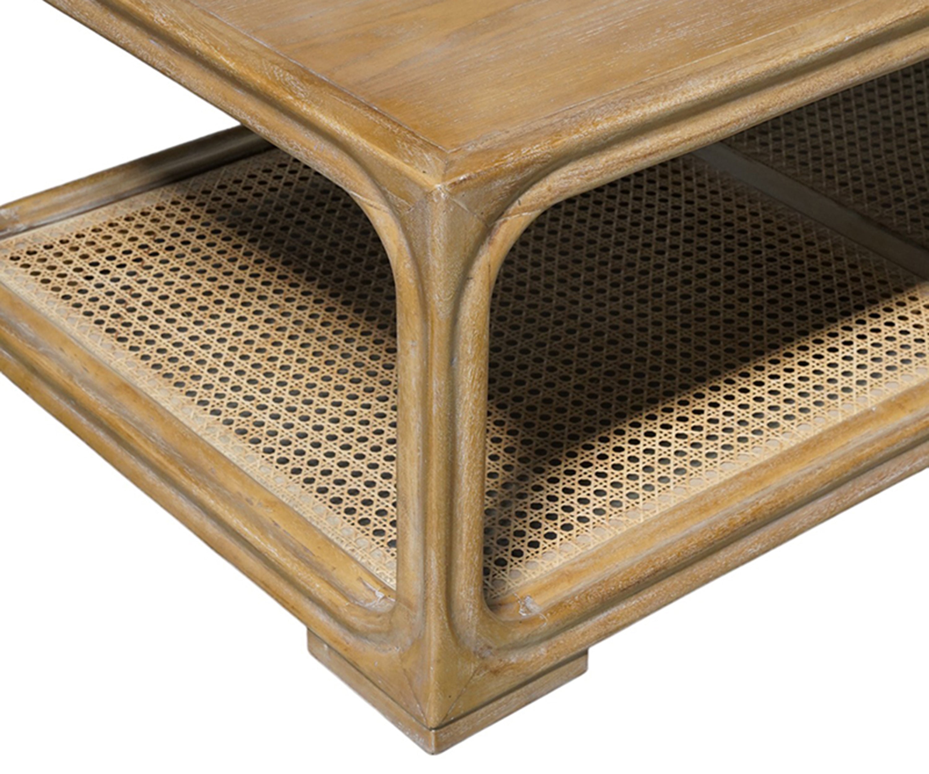 Mid-Century Modern Coffee Table with Rattan Cane Shelf
