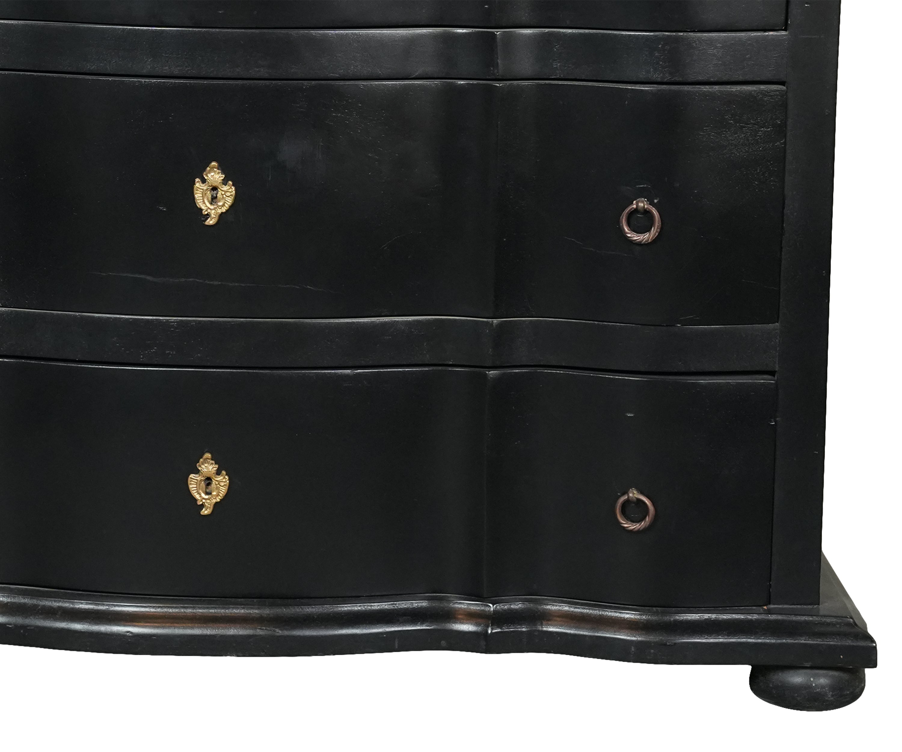 Black Wood 3-Drawer Bombe Chest of Drawer with Natural Wood Top