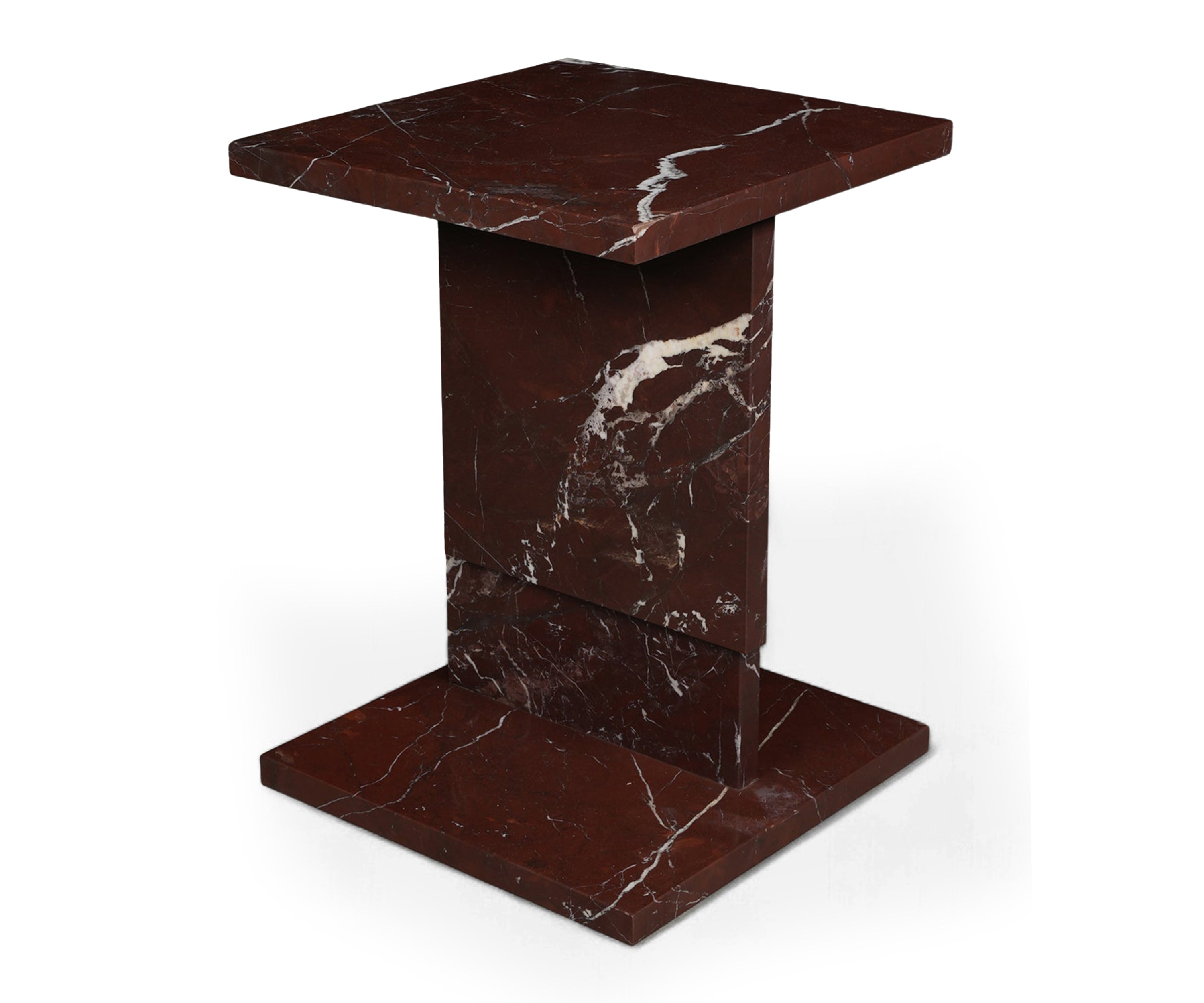 Red Marble Side Table with Architectural Layered Pedestal Base