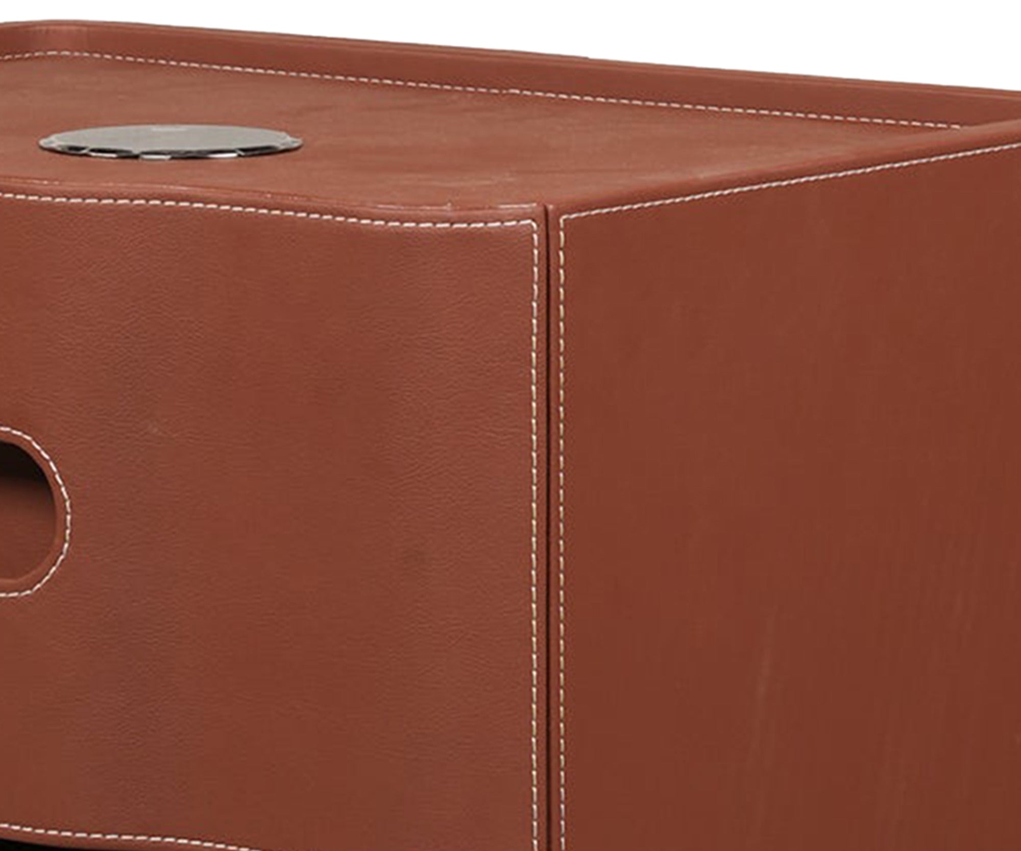 Cognac Leather Wrapped 2-Drawer Bed Side Table with Cutout Handles