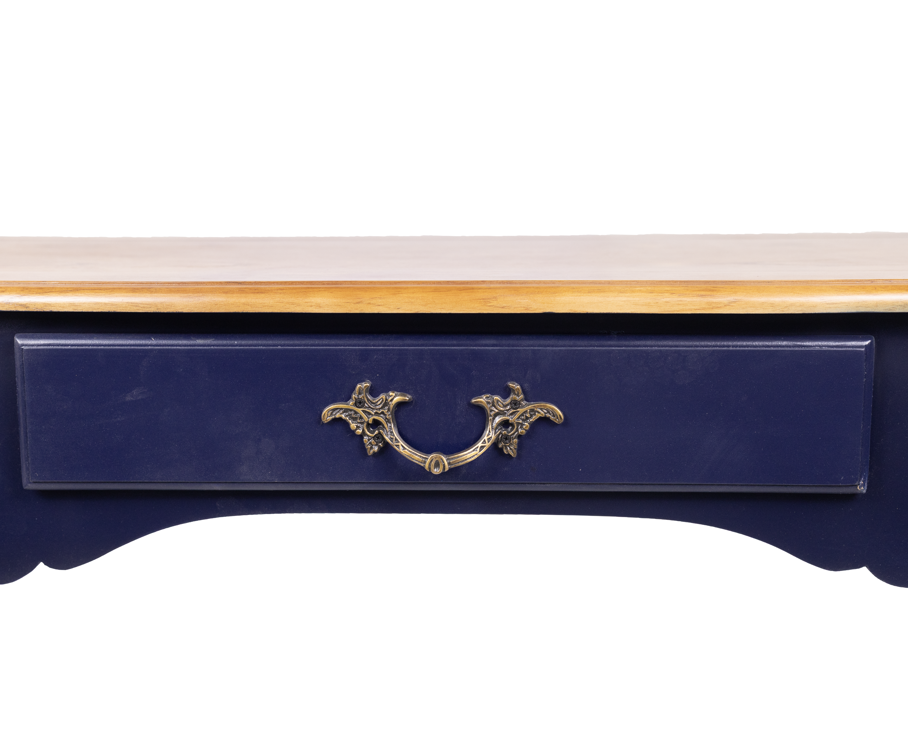 French Country Navy Blue Console Table with Natural Wood Top