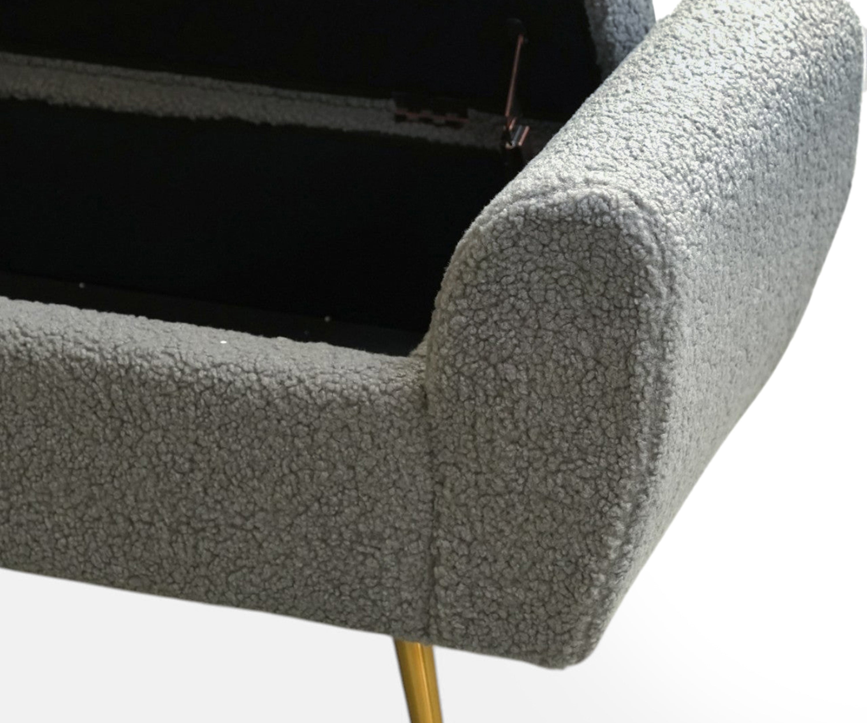 Grey Bouclé Storage Bench with Golden Metal Legs