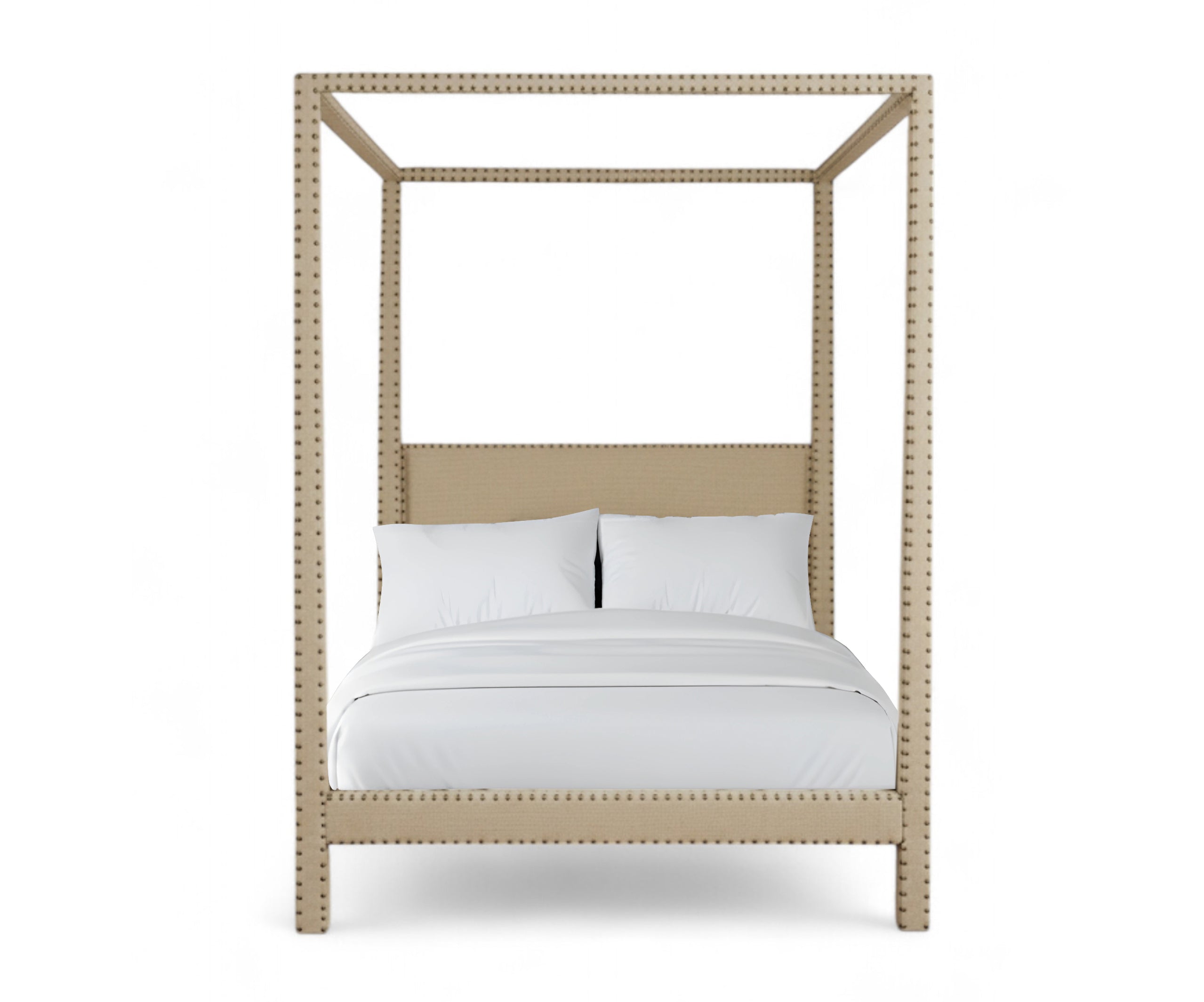 Elara Upholstered Acacia Wood Canopy Bed with Brass Nail Studs