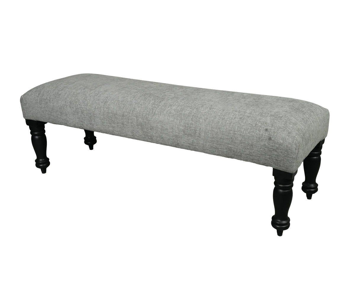 Grey Upholstered Bench with Black Turned Wooden Legs