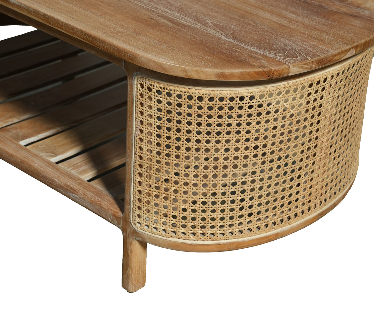 Natural Teak and Cane Oval Coffee Table with Lower Shelf