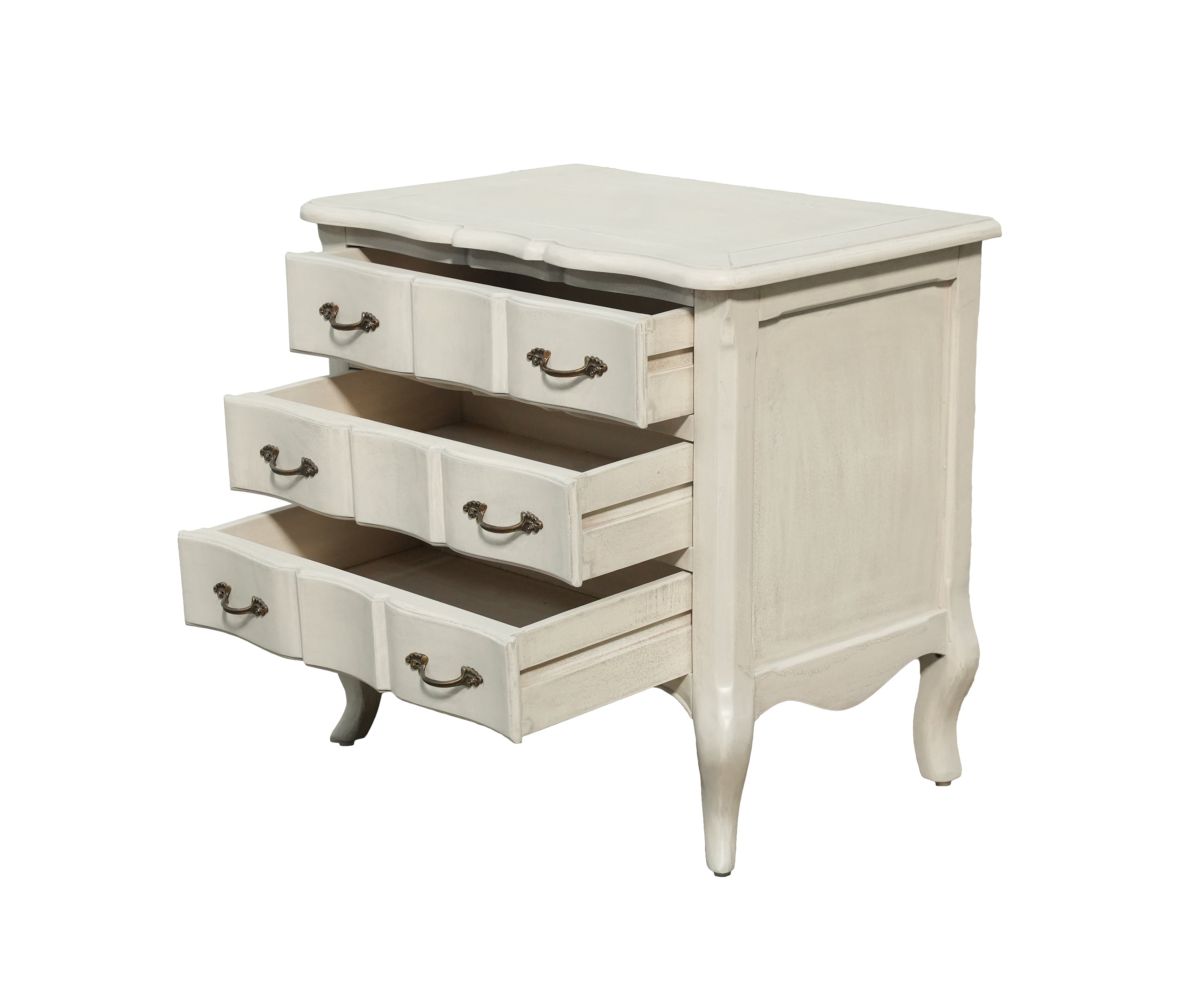 White Carved Three-Drawer Chest with Antique Brass Hardware