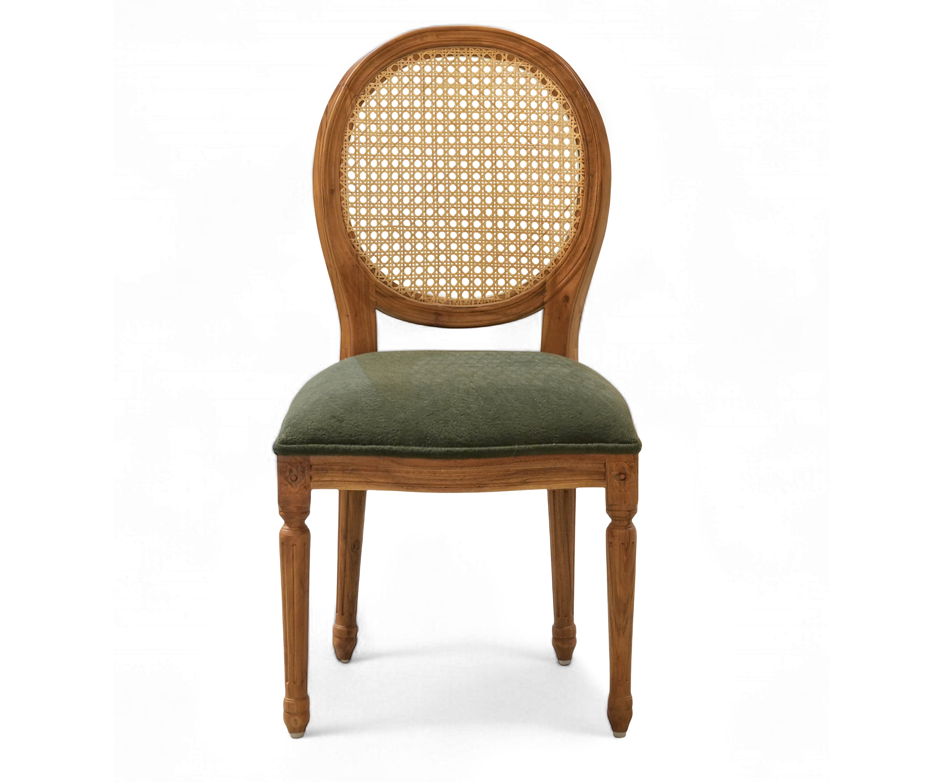 Natural Wood Oval Cane Back Dining Chair with Olive Upholstered Seat