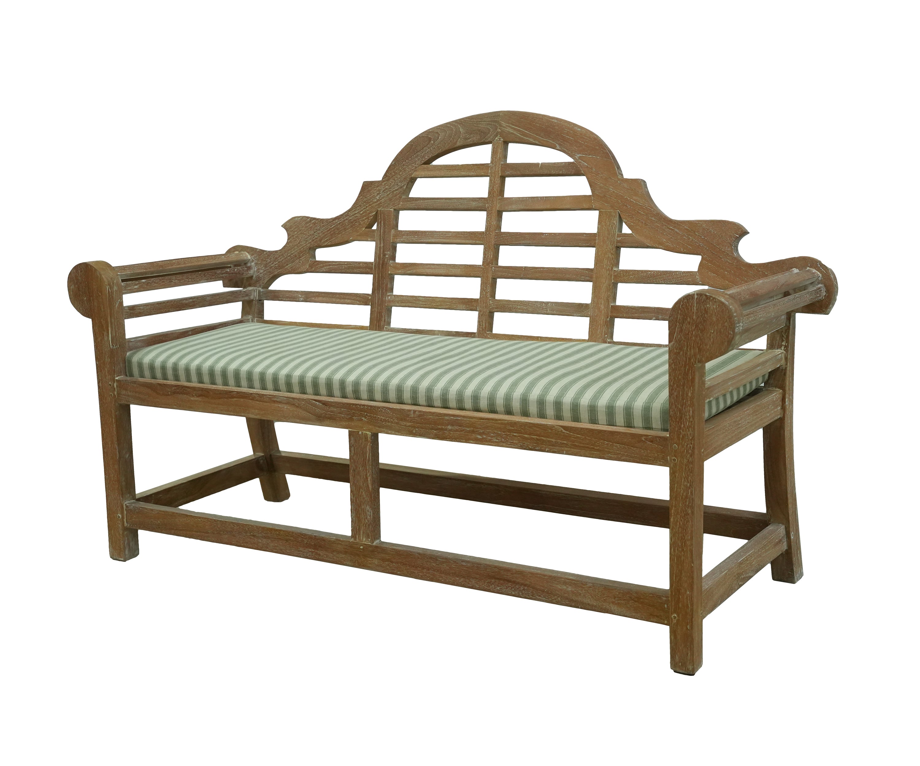 Vintage Style Teak Bench with Green Striped Upholstered Cushion