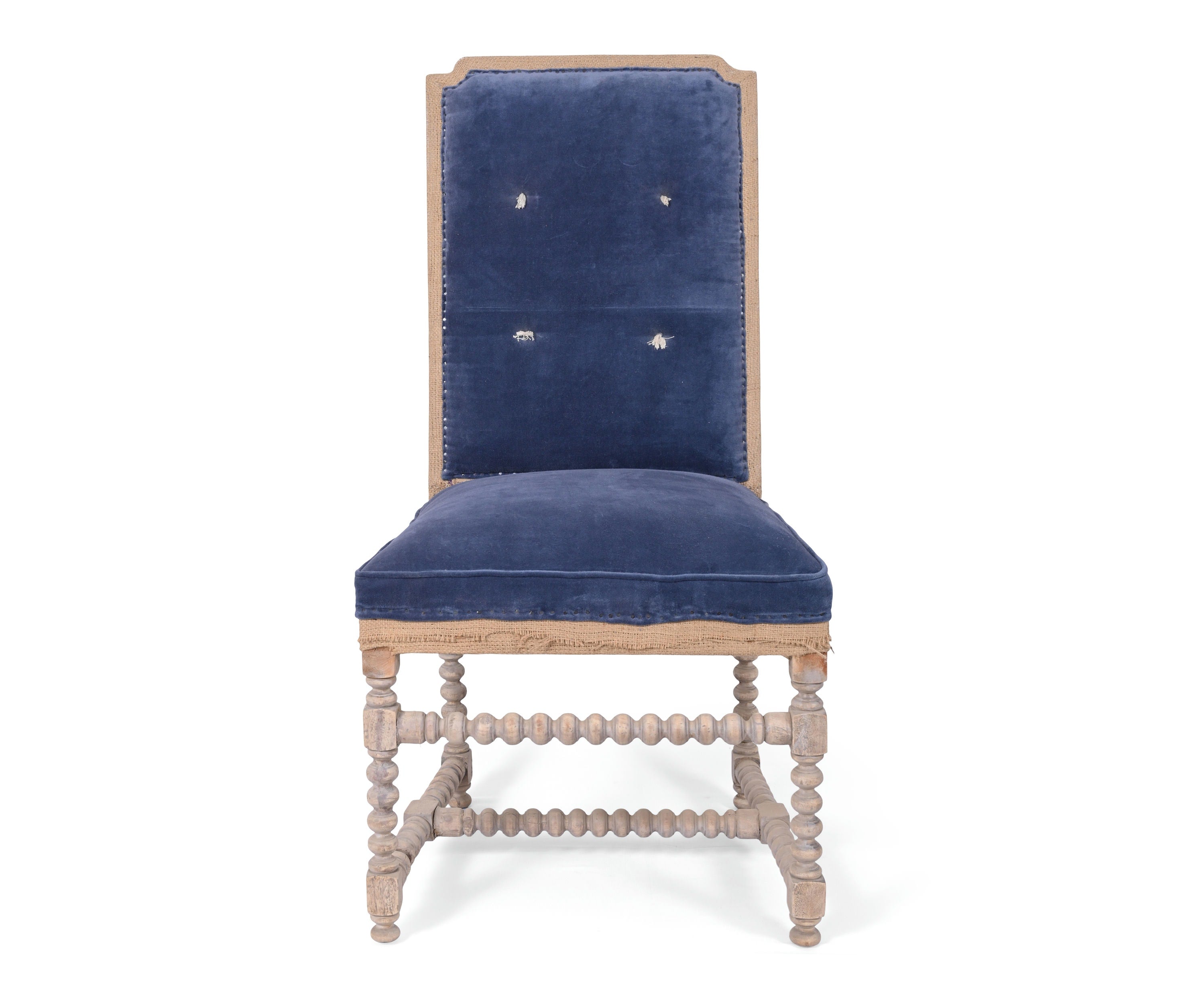 Blue Velvet French Dining Chair with Burlap Trim and Bobbin Legs