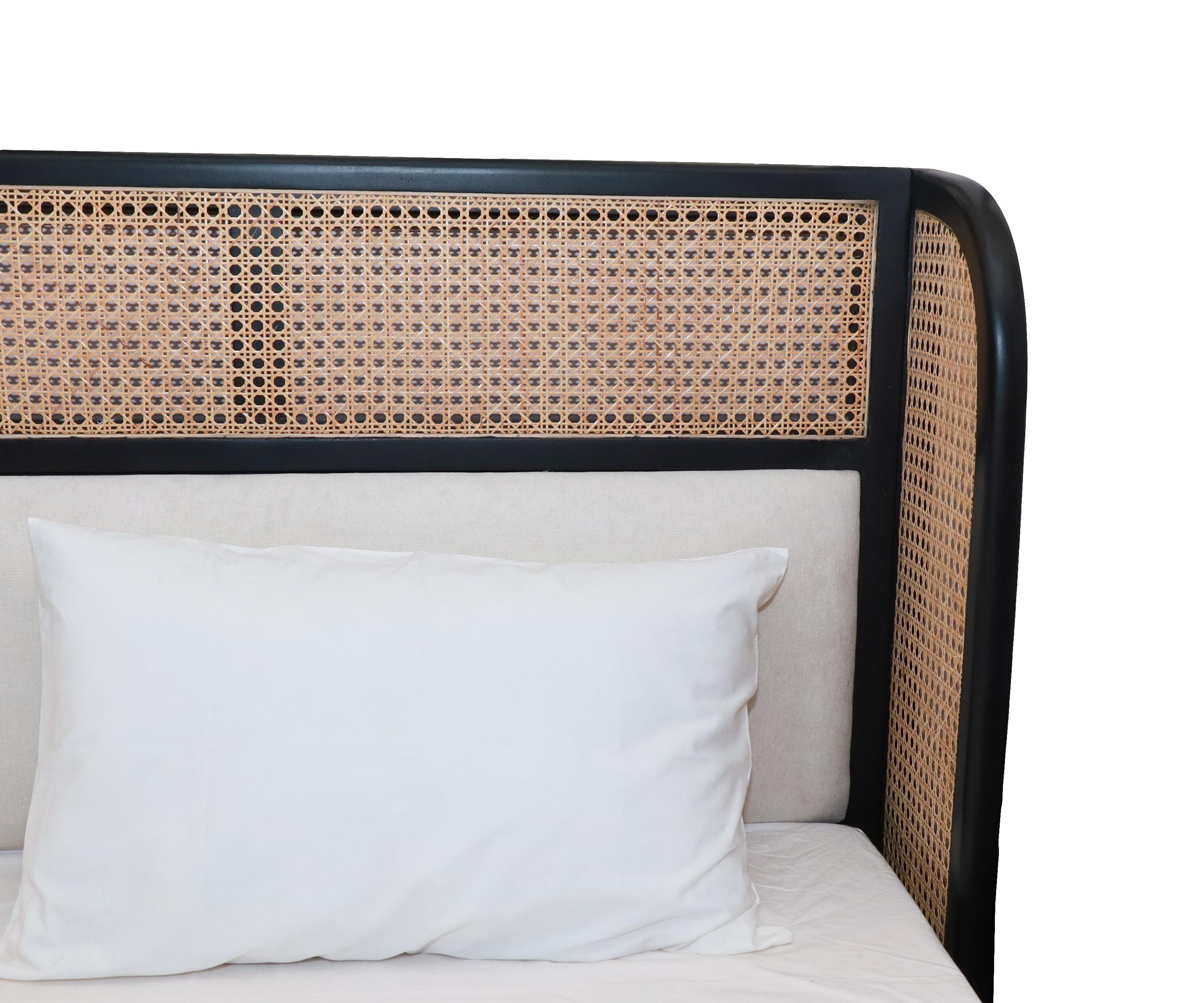 Modern Black Wooden Platform Bed with Rattan Cane Headboard