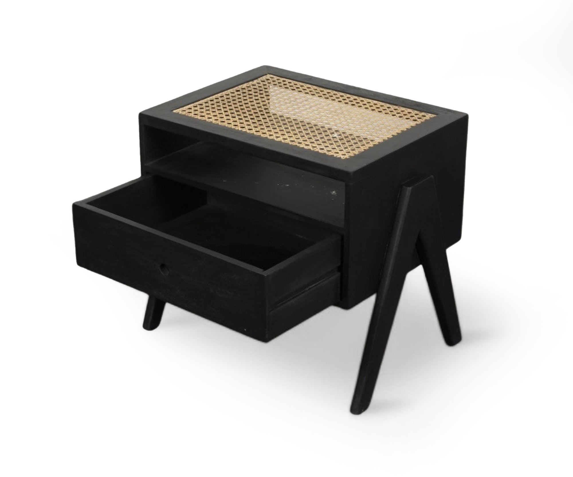 Black Cane Top V-Leg Bed Side Table with Drawer and Open Shelf