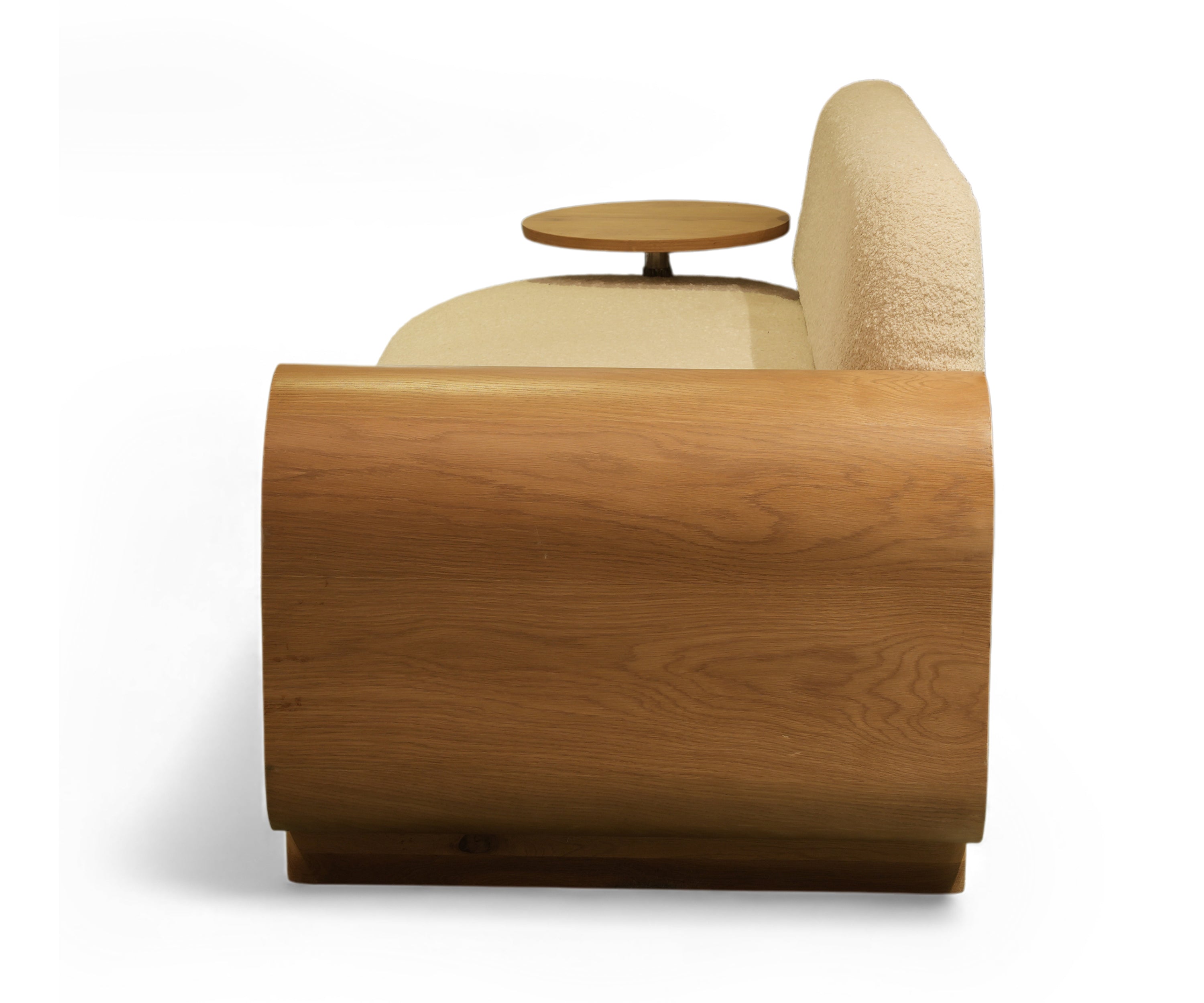 Oak Panel Bouclé Sofa with Side Table