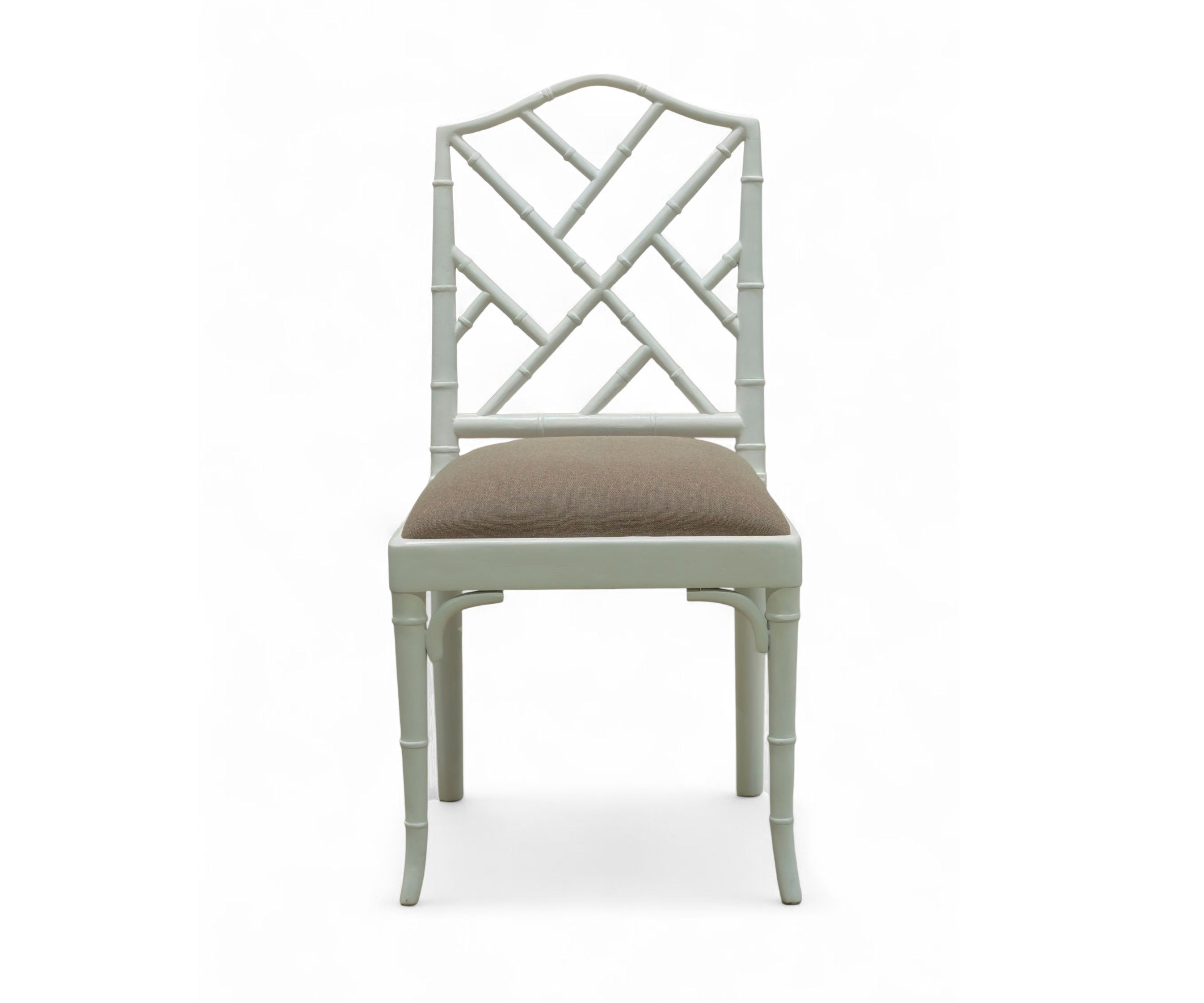 White Bamboo Lattice Dining Chair with Taupe Upholstered Seat