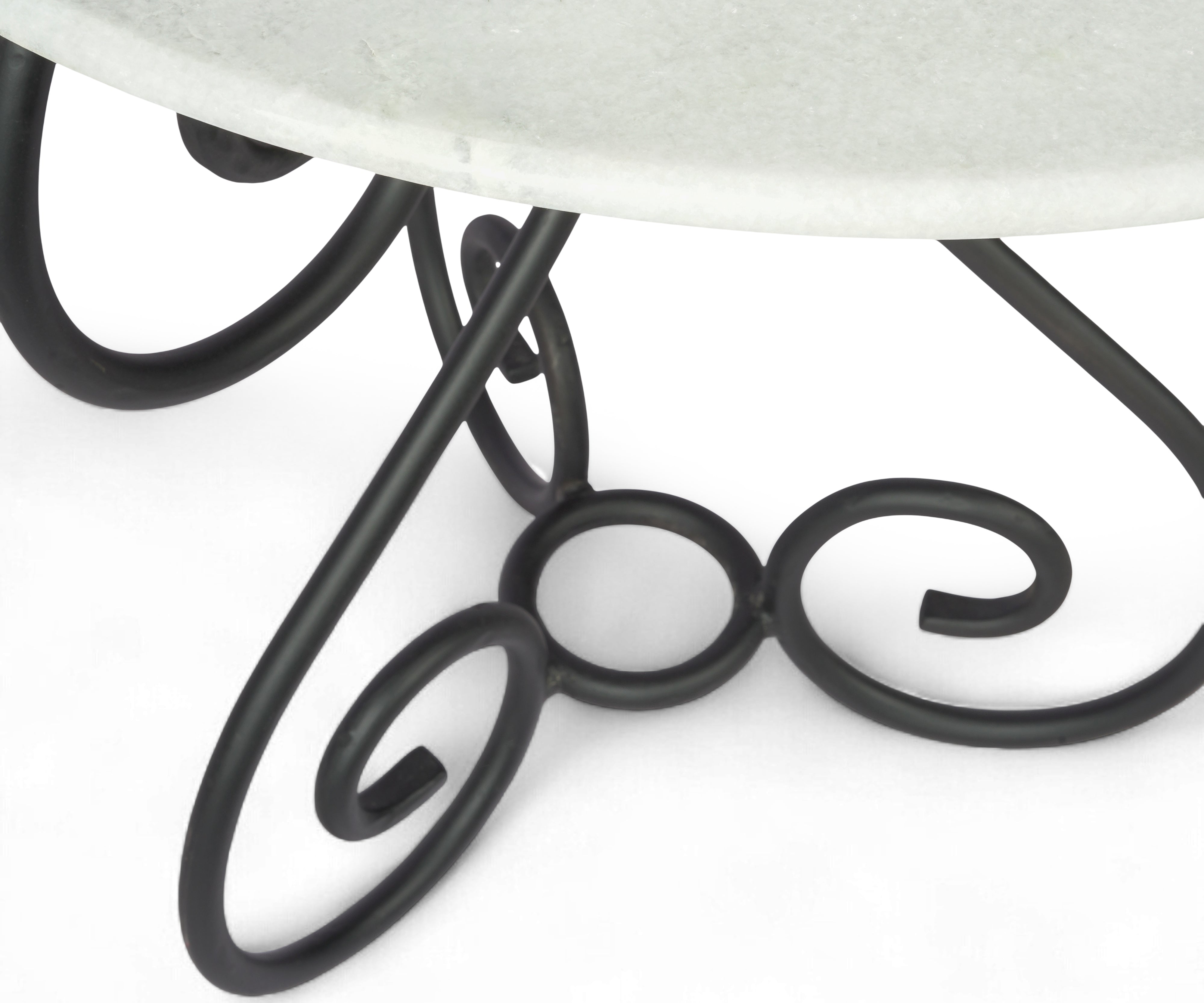 Round White Marble Top Side Table with Scroll Metal Base