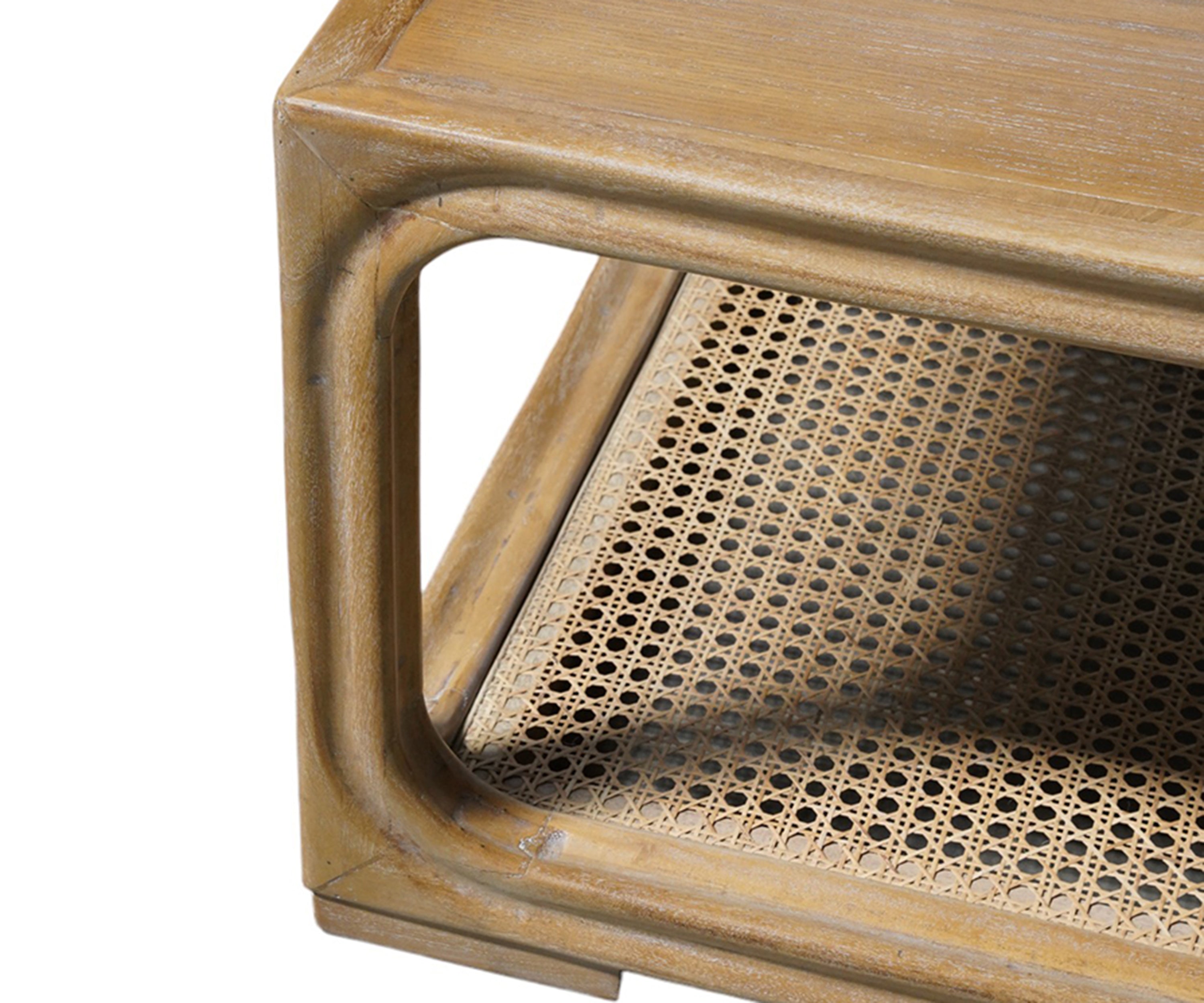 Mid-Century Modern Coffee Table with Rattan Cane Shelf