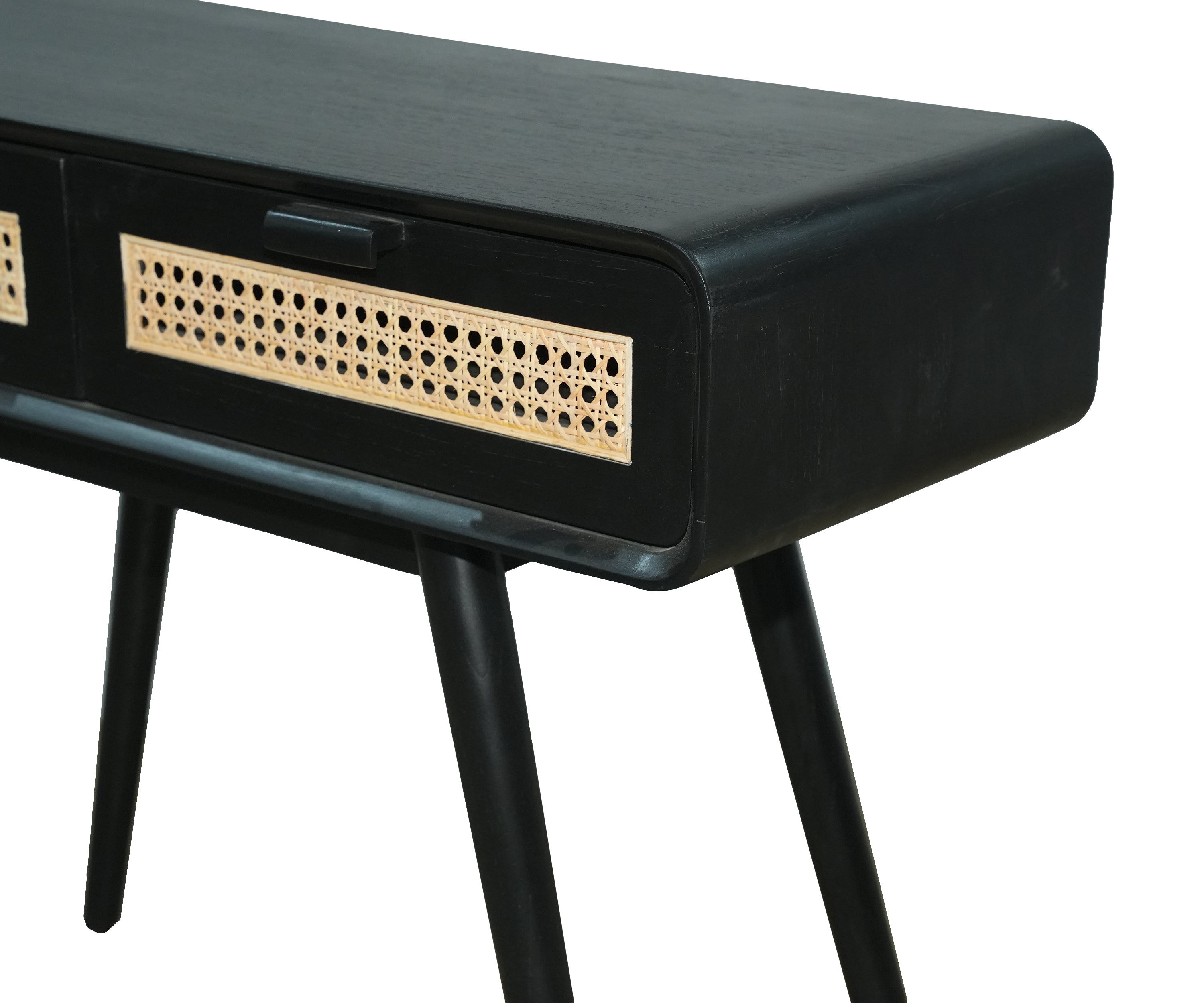 Black Wood Console Table with Cane Drawer Fronts