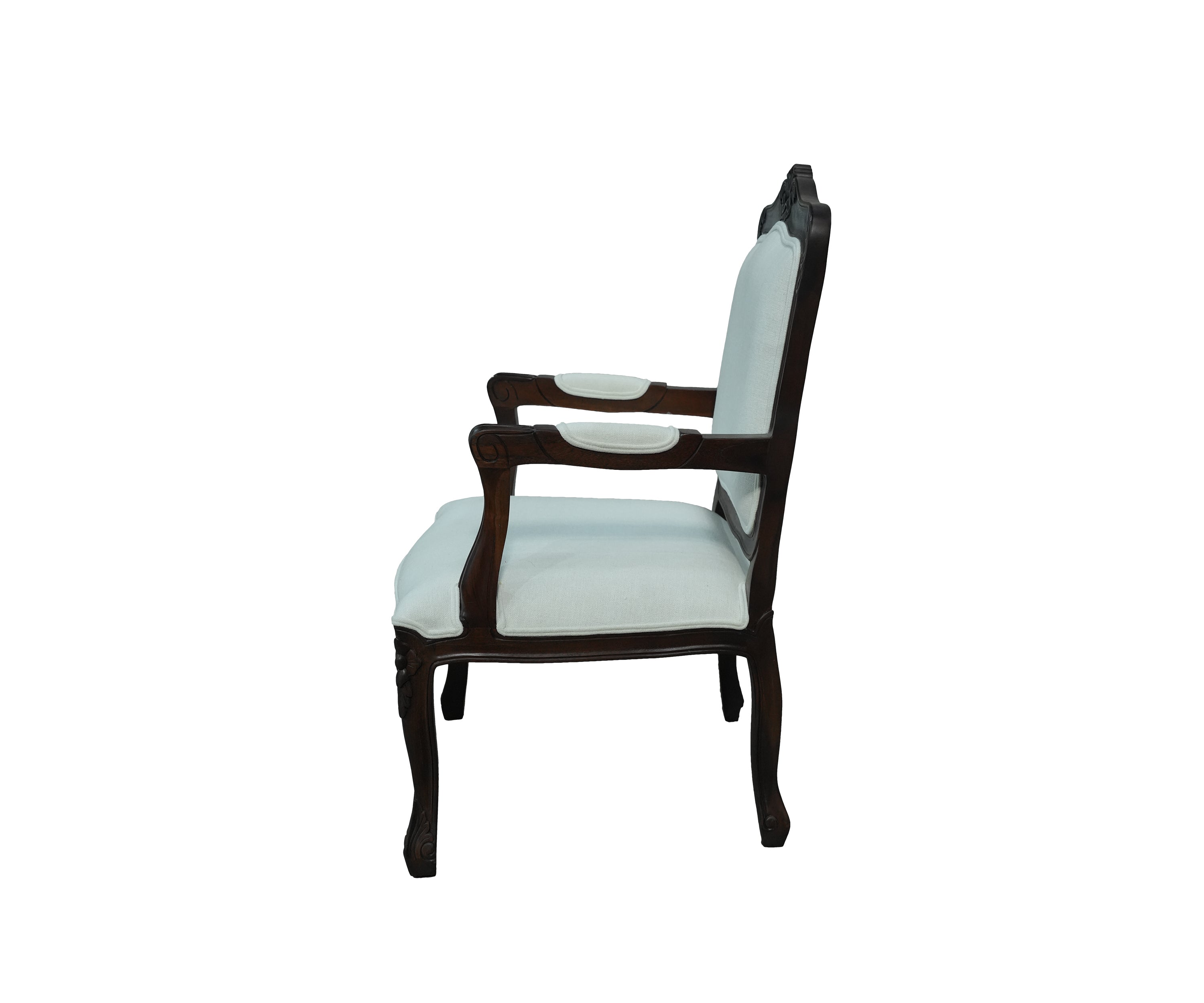 French Inspired Carved Wood Upholstered Arm Chair