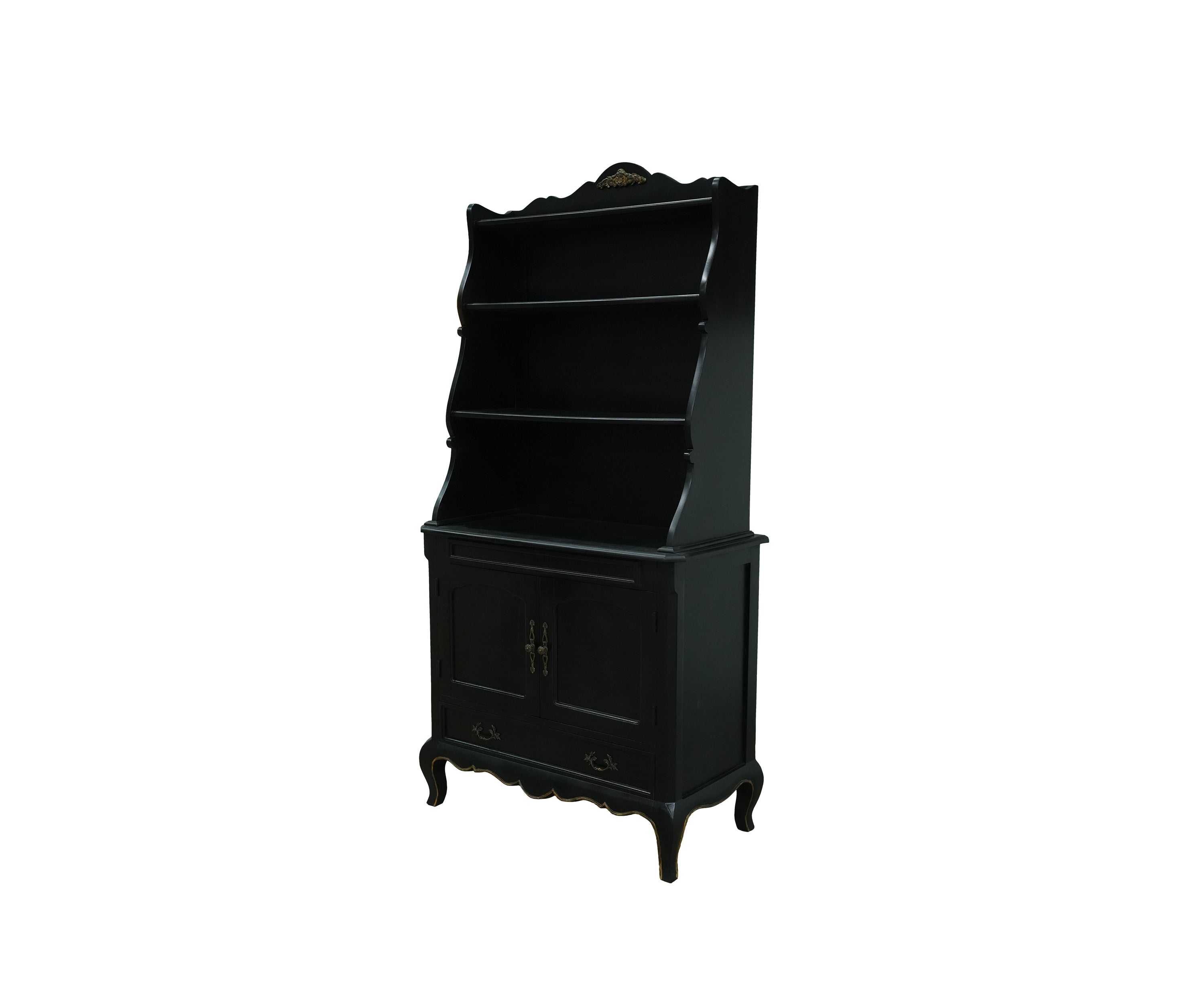 Black Display Cabinet with Open Shelves and Double Door Storage